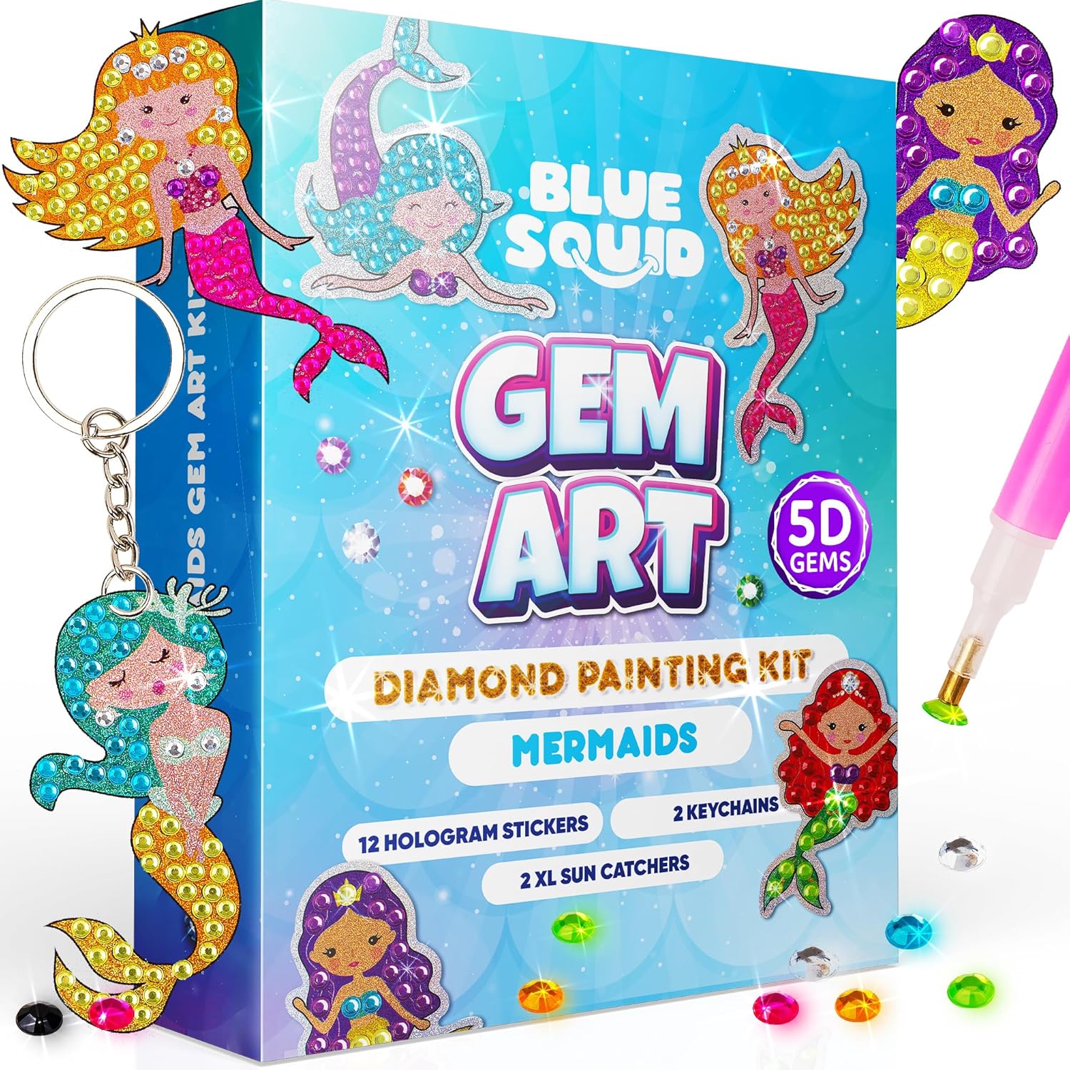 Blue Squid Diamond Art for Kids – Mermaid - Fun & Easy DIY 5D Gem Art Kits Kids Gift Set for Gem Keychains, Stickers, Sun Catchers - Diamond Painting for Kid Girls, Boys Ages 6-12