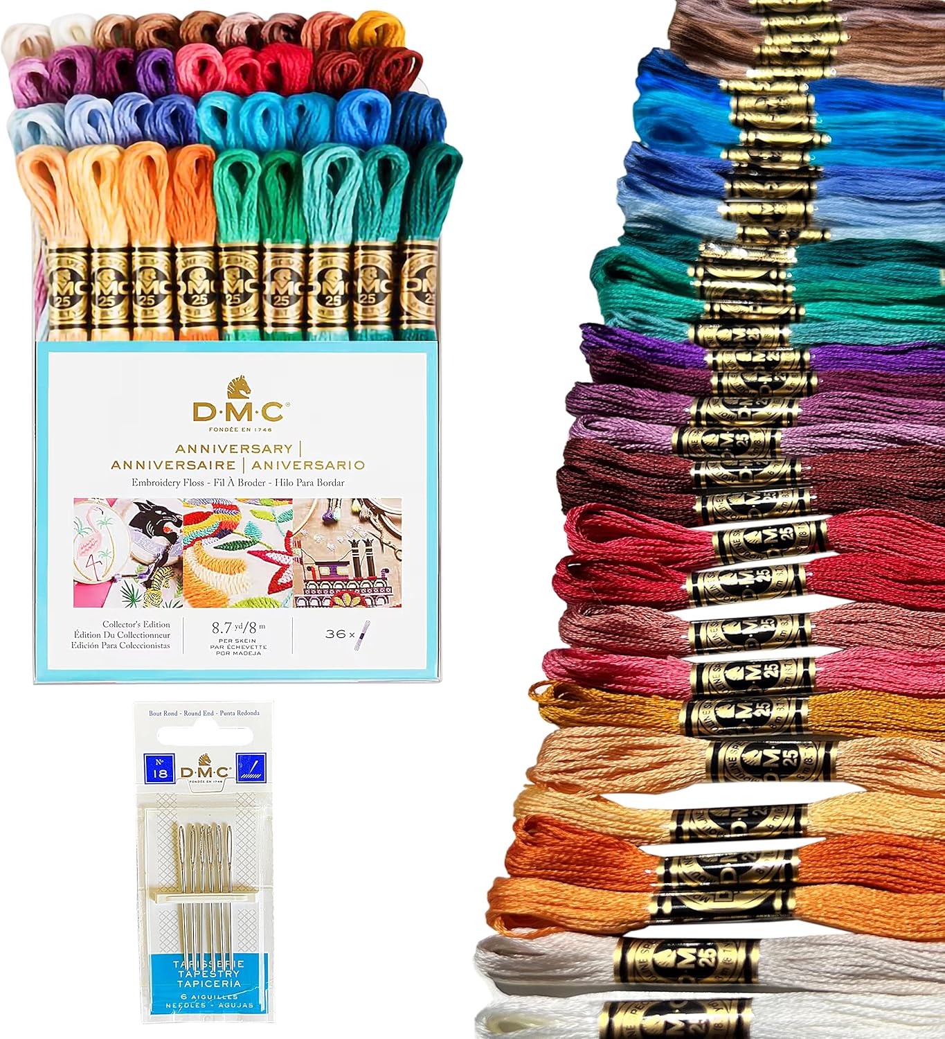 DMC Embroidery Floss, Anniversary Collection Pack. 36 Colors Cotton Embroidery Thread Bundle with Hand Embroidery Needle Size 18. Premium Cross Stitch String Set. Yarn Kit, DMC Mouline Threads.