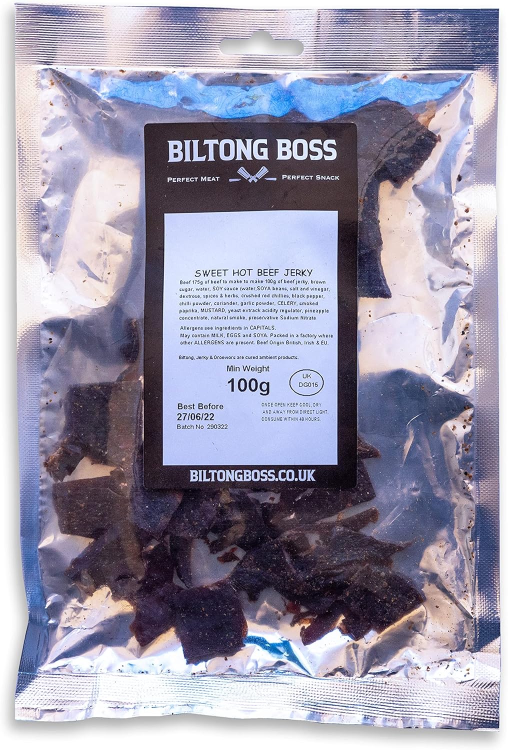 Biltong Boss Jerky Boss Sweet Hot Beef Jerky Sweet and Heat, Ready To Eat Flavoured Meat High Protein Snack, Suitable For Gluten-Free, Paleo, Keto, Atkins Diets & Post-Workout, Low Sugar & Carbs 100g