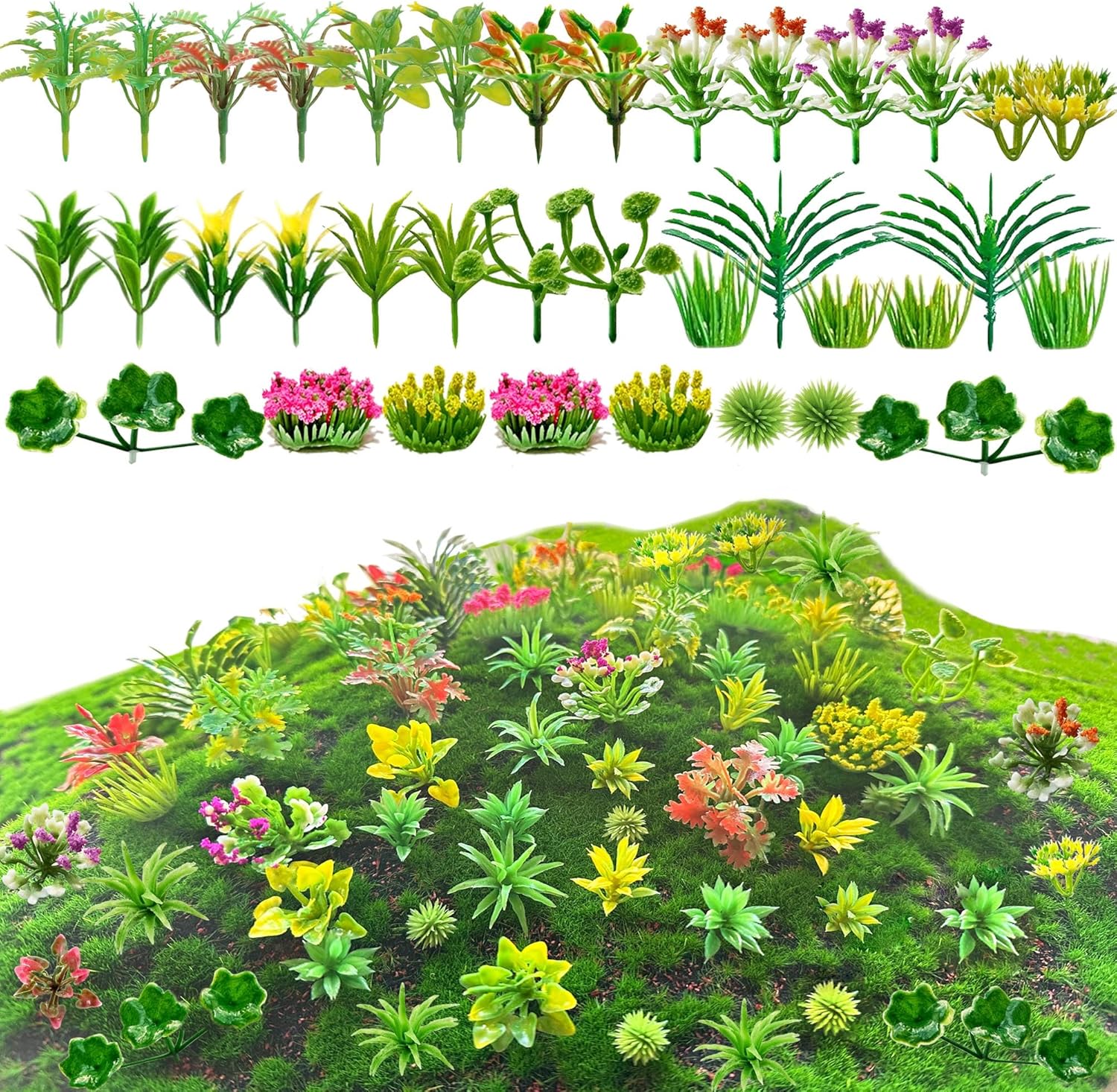 120pcs Mini Model Trees Miniature Plants Set Flowers Green Shrubs Bush Model, Miniature Fairy Garden Aritificial Plants for DIY Train Railroad Park Scenery Architecture