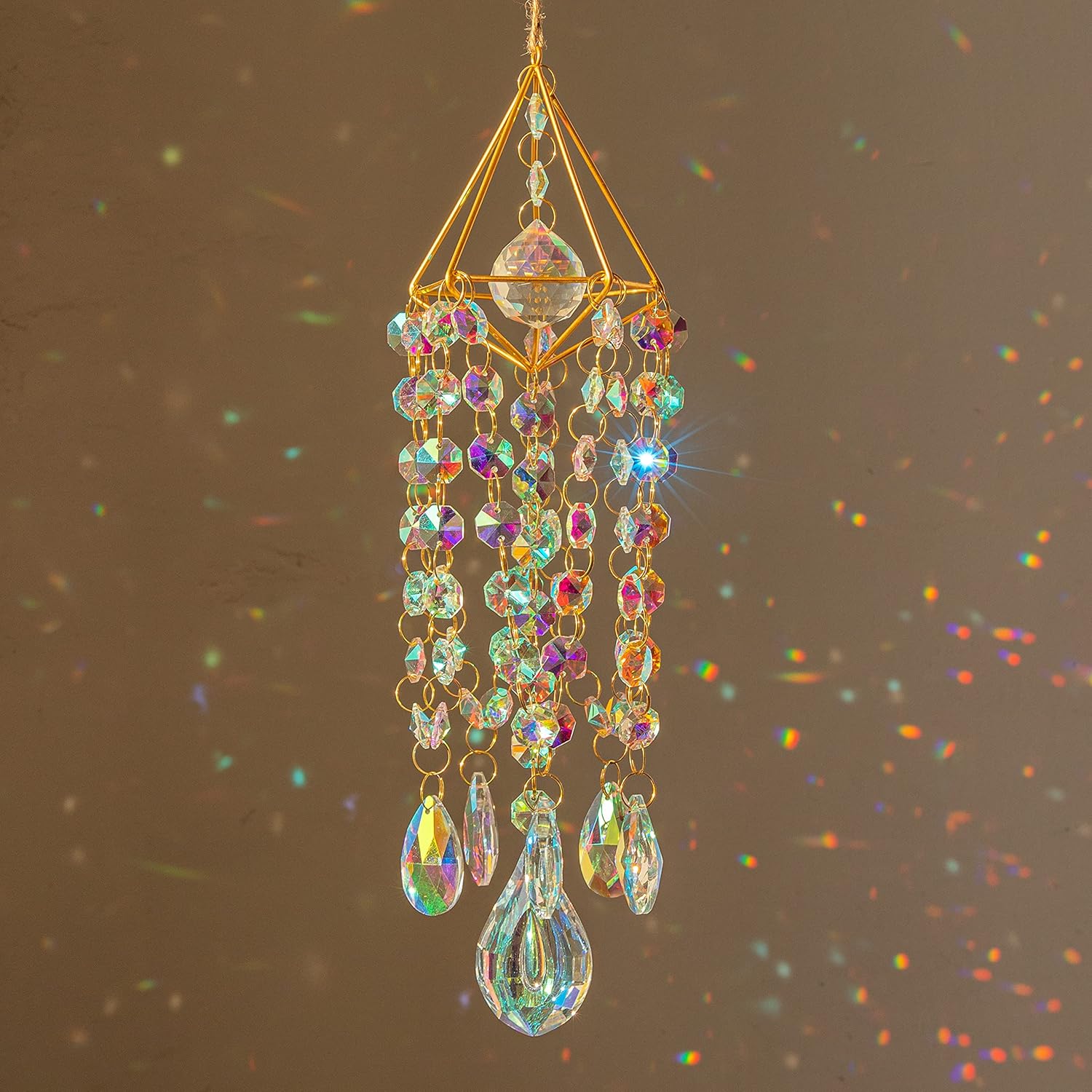 HDCRYSTALGIFTS Crystal Suncatchers for Window Hanging Wind Chime Style Garden Sun Catchers with Crystals Rainbow Maker Indoor Outdoor Decor Handmade Gold Plated