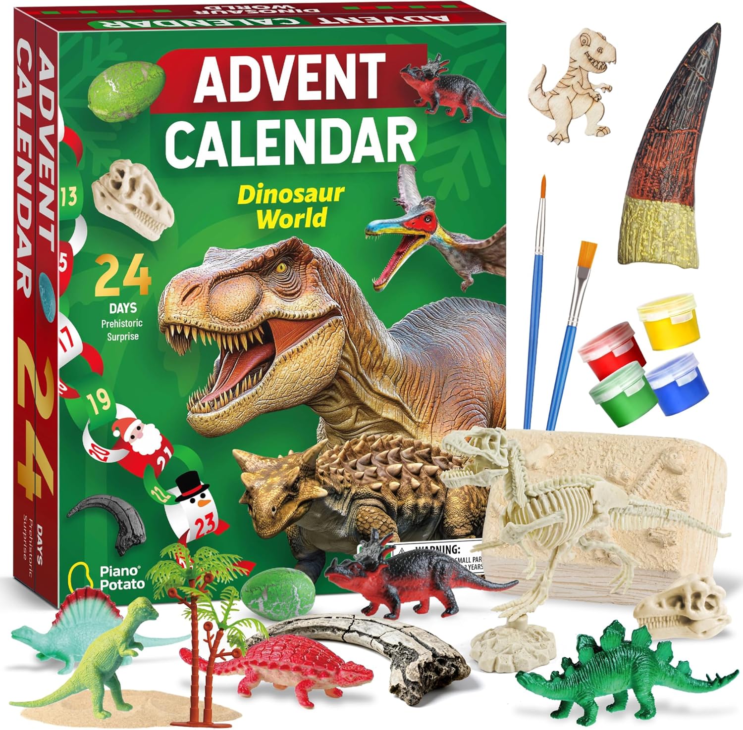 Dinosaur World Advent Calendar for Kids - 24 Days Prehistoric Surprise Christmas Countdown with Dino Figurines, Fossil Dig, Painting, Ideal Xmas Gift for Boys Girls