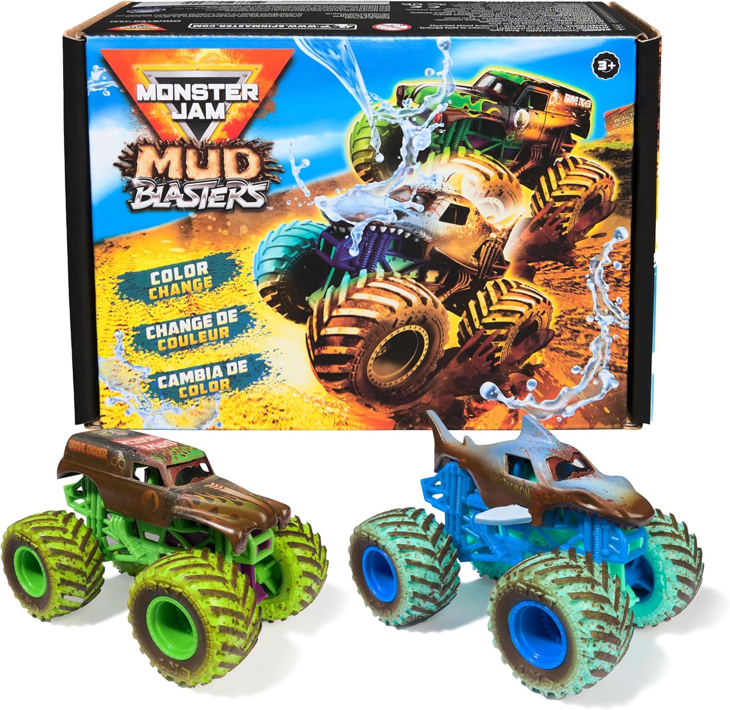 Monster Jam Mud Blasters, Grave Digger and Megalodon Color Changing Trucks 2-Pack, 1:64 Die Cast Vehicle, Kids Toys for Boys and Girls 3 and Up