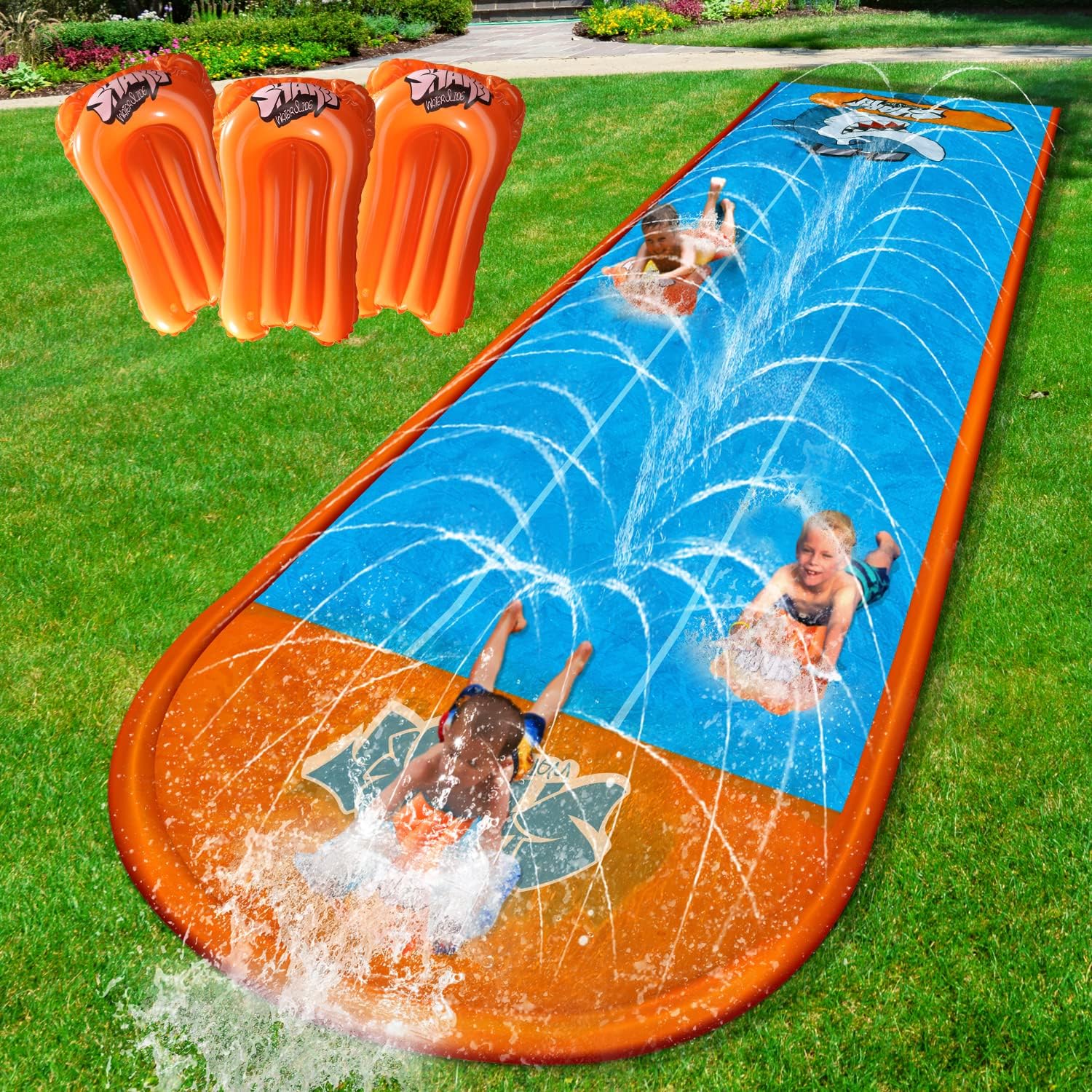 Slip Water Slide, 22ftx3 Lane Slip Water Slide for Kids Backyard Lawn,Summer Water Toys Outdoor Sprinkler with 3 Sliding Racing Lanes and 3 Inflatable Bodyboards