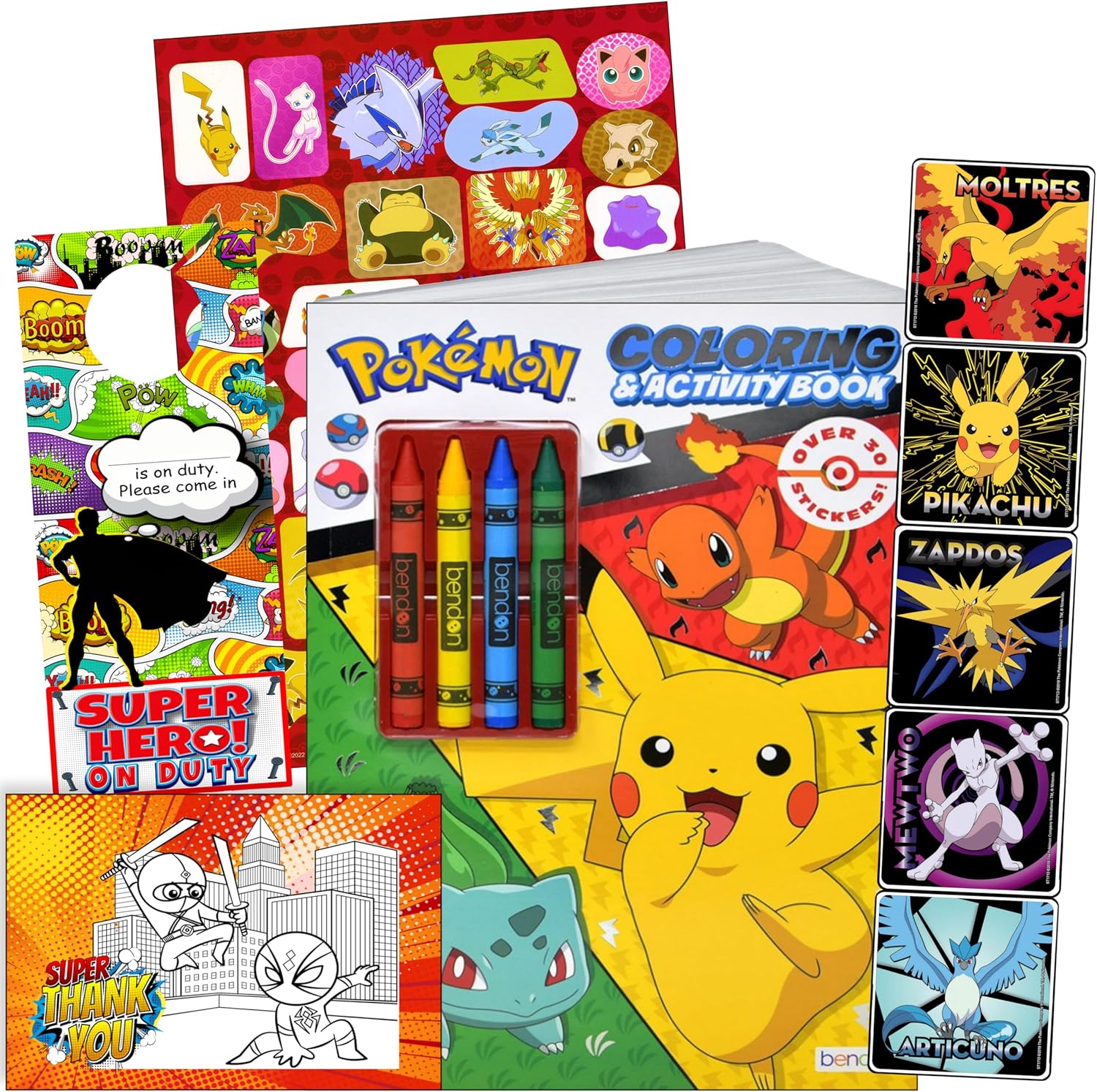 Pokemon Stickers Activity Set - Bundle Includes Pokemon Coloring Book with Stickers, Reward Sticker Set, Craft Door Hanger