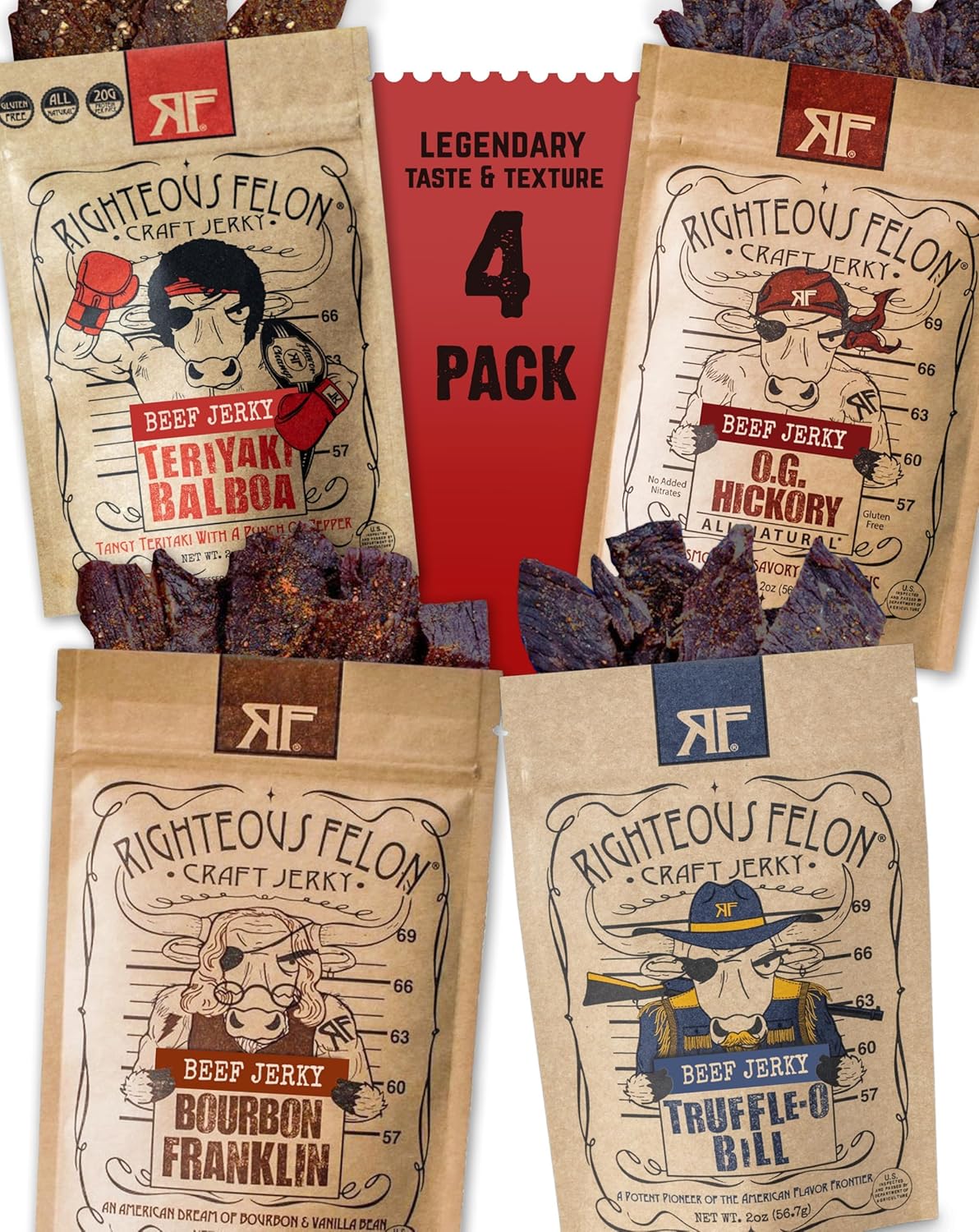 Righteous Felon Beef Jerky Variety Pack | Gluten Free Snack Packs for Adults | High Protein, Keto, Low Sugar | Made with Premium Meats | Gifts for Men | Savory Jerky 4 Pack