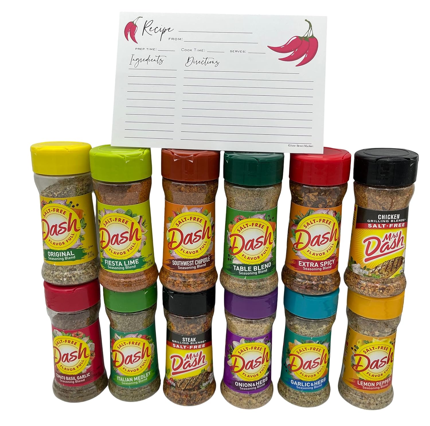 Salt Free Seasoning Blends Variety Bundle Gift Pack - 12 Flavor Variety With June Street Market Blank Recipe Card