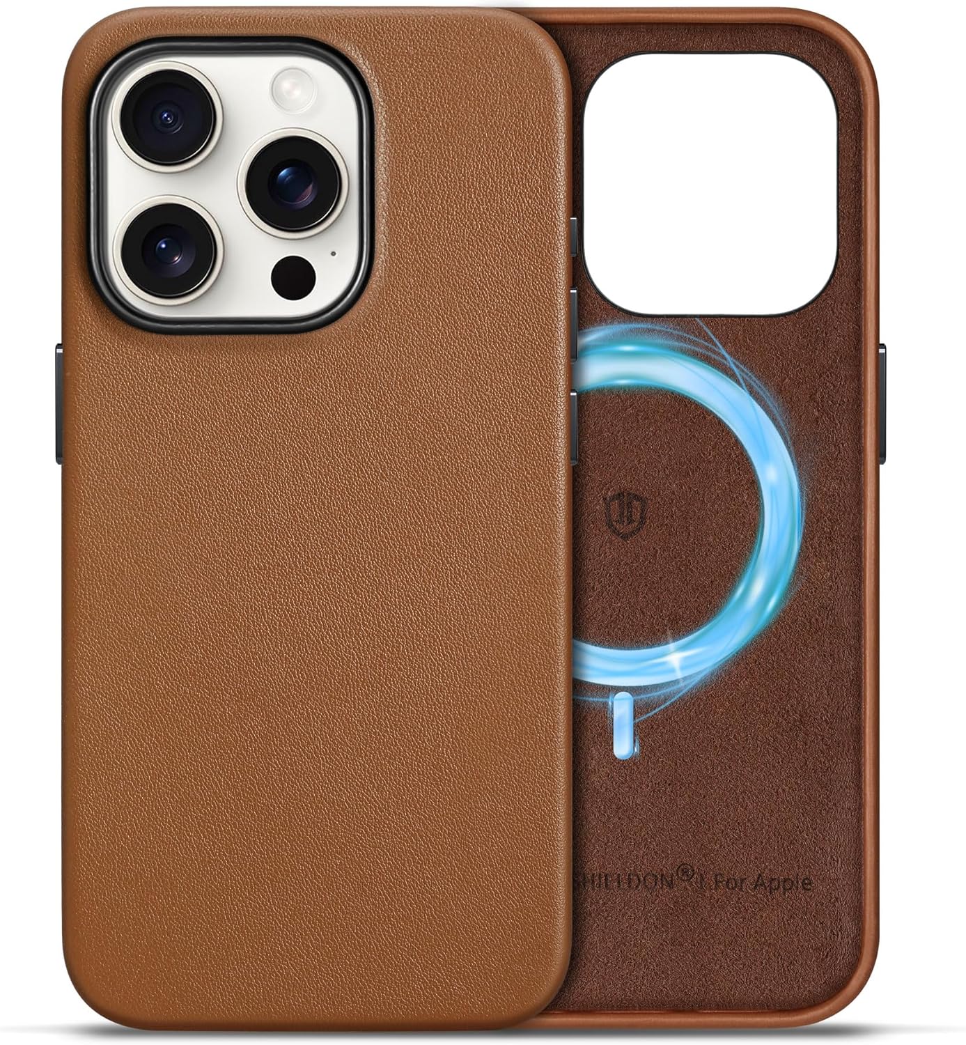 SHIELDON Case for iPhone 15 Pro 5G 6.1", Genuine Leather - Magnetic Wireless Charging - Slim Fit - Non-Slip - Metal Button - Shockproof Protective Case Compatible with iPhone 15 Pro - Saddle Brown