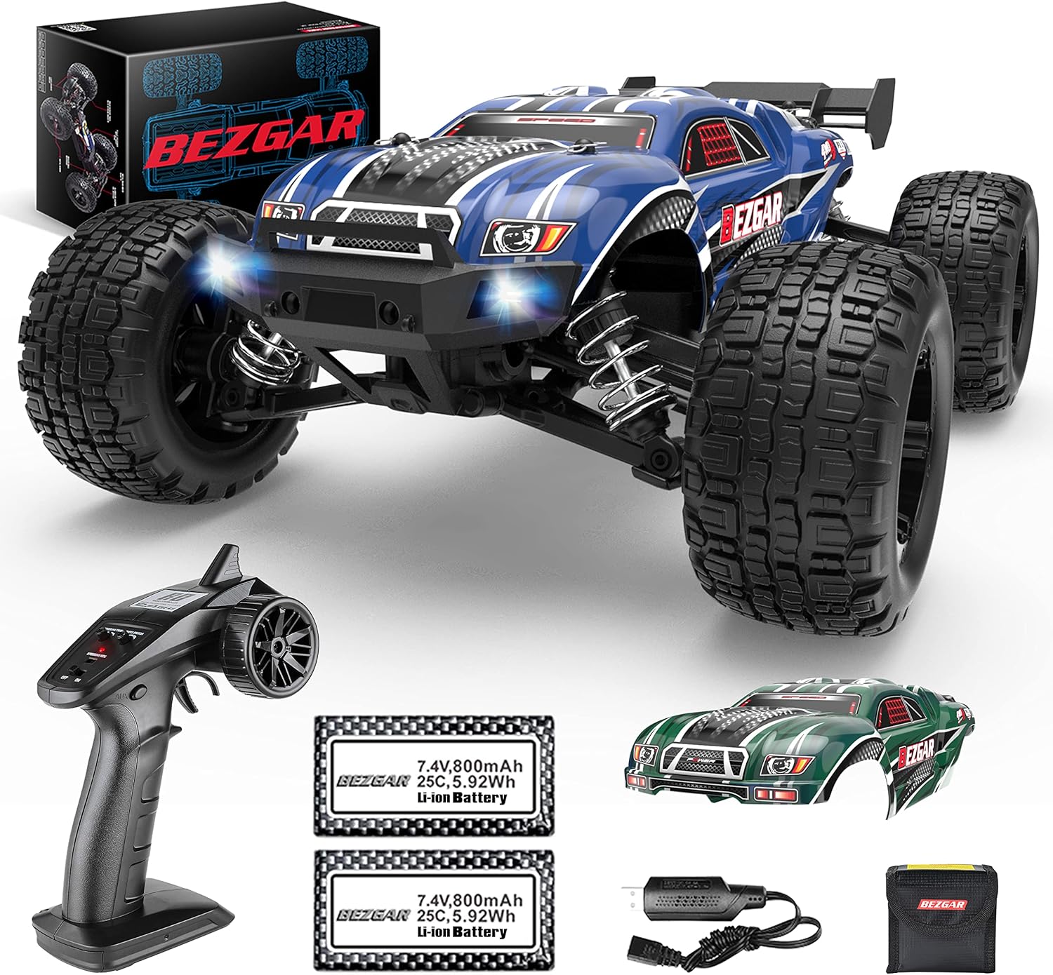 BEZGAR HM162 Hobby Grade 1:16 Scale Remote Control Truck, 4WD Top Speed 40+ Kmh All Terrains Electric Toy Off Road RC Truck Vehicle Car Crawler with 2 Rechargeable Batteries for Boys Kids and Adults