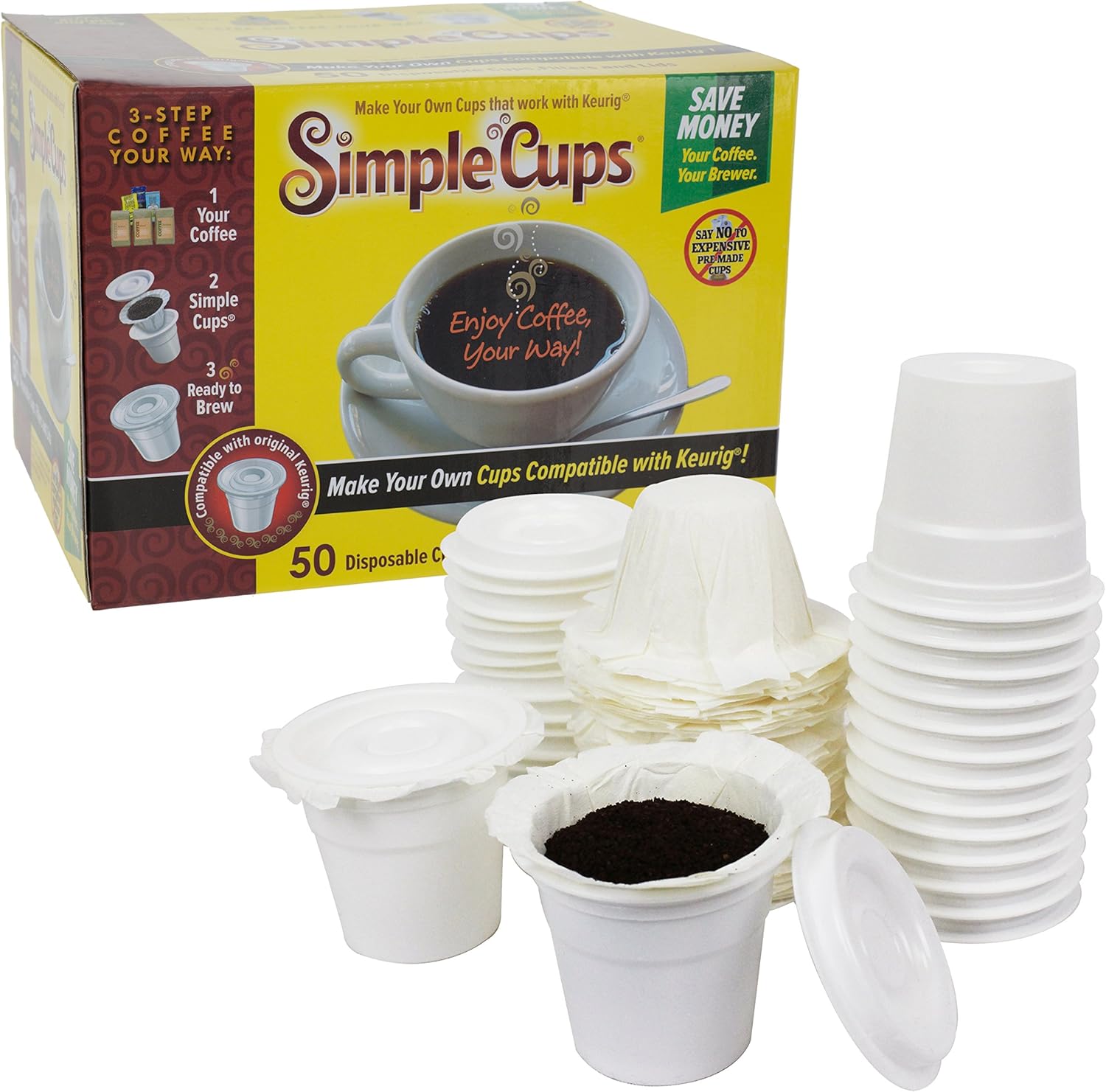 Disposable Cups, 50Cups, Lids, and Filters - Compatible with Keurig, K-Cup machines & other Single Serve Coffee Brewer Reusable K Cups -Use & Make Your Own - Works with All Brand, Gift
