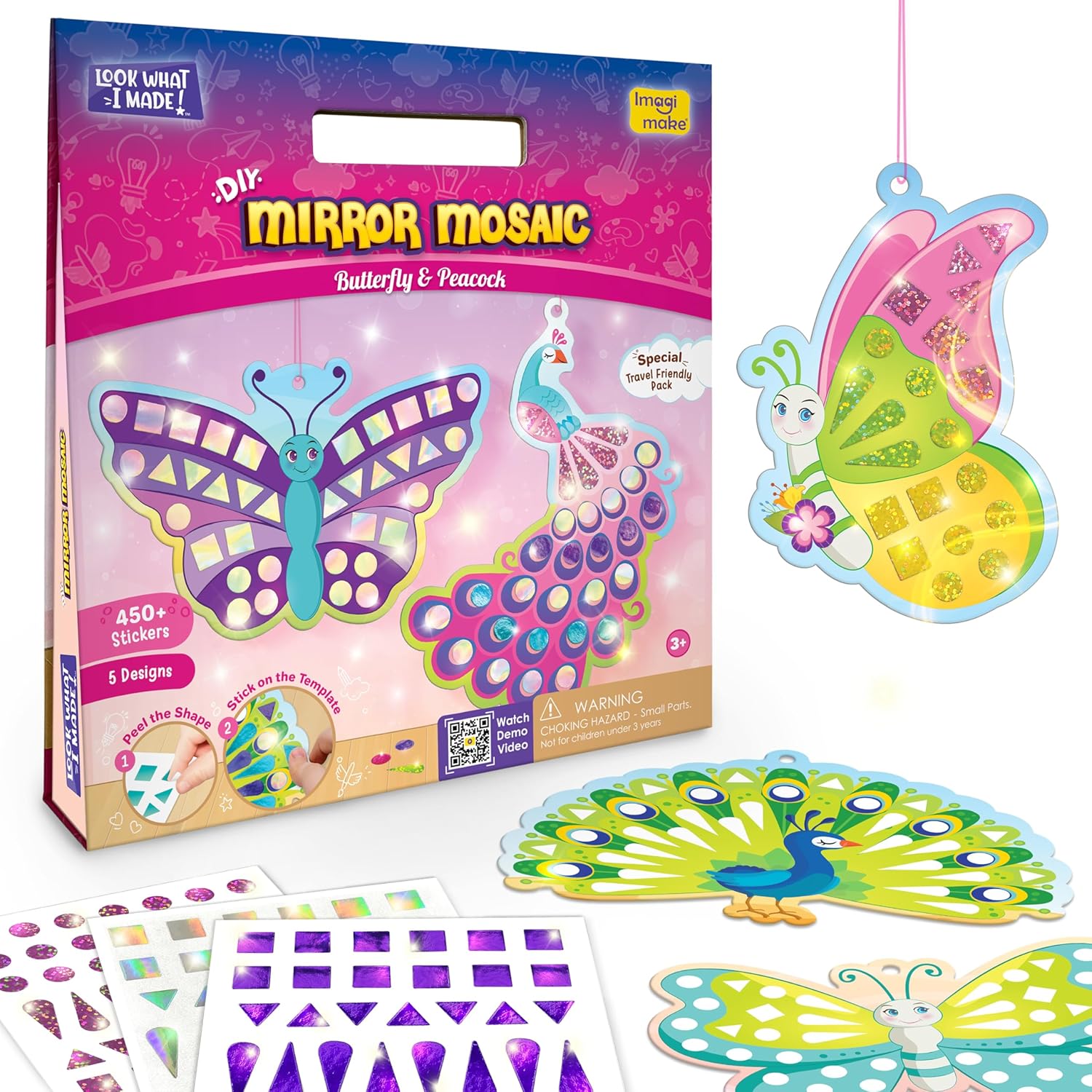 Imagimake Mirror Mosaic Butterfly & Peacock | 450+ Foil Stickers | Mess-Free Craft Kit for Kids | Travel-Friendly DIY Activity | Birthday Gift for Girls Ages 3, 4, 5, 6, 7 | Craft Kits for Kids