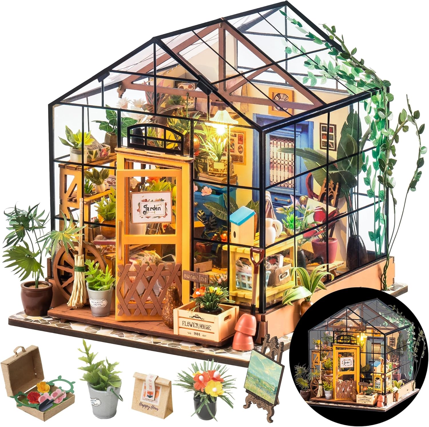 ROWOOD Doll House Kit Greenhouse, DIY Miniature Room with LED light, Wooden Model Building Kit for Adults, Cathy's Flower House for Christmas