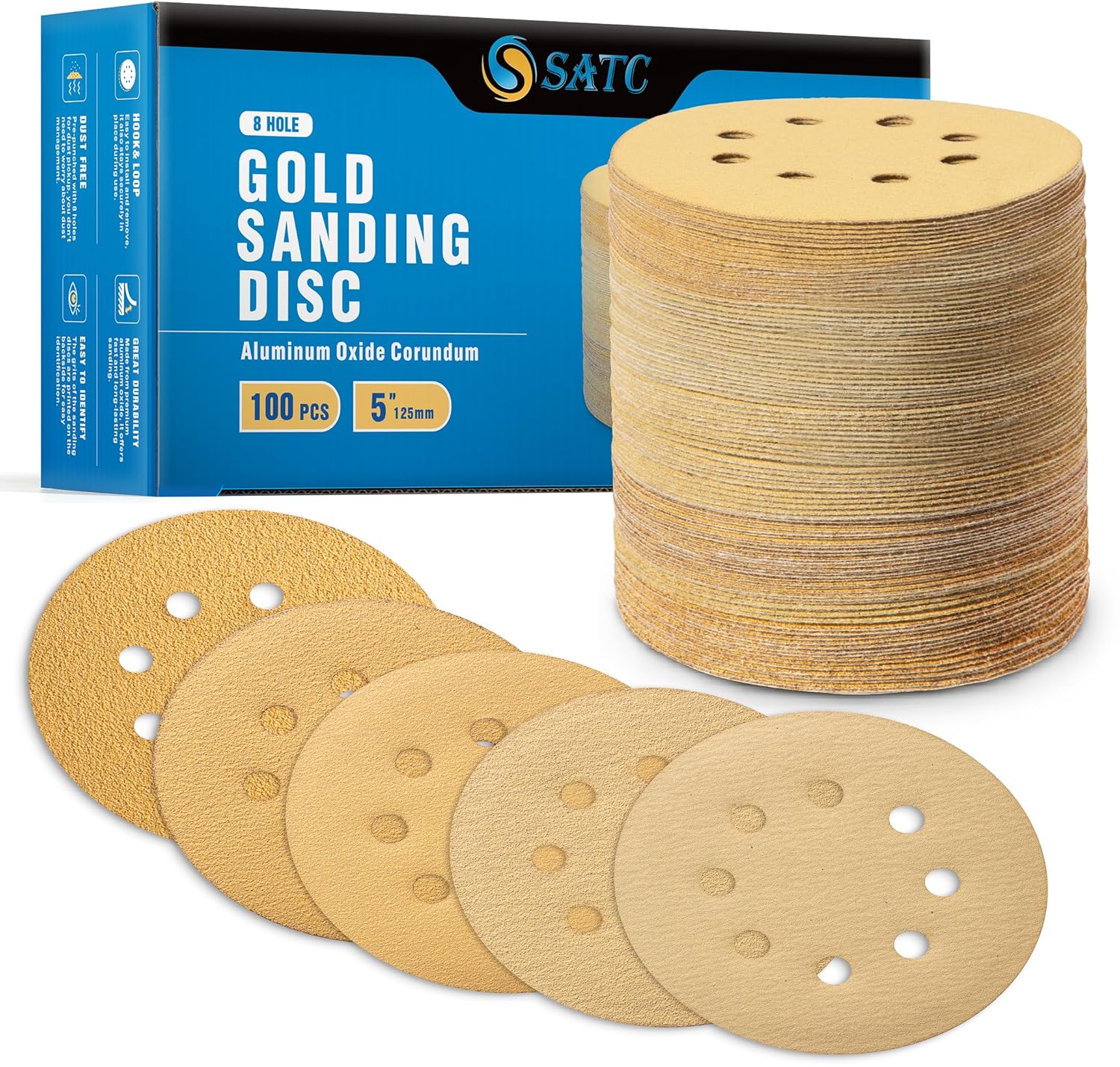 S SATC 100PCS 5 Inch Sanding Discs 60/80/120/150/220 Grits Gold Sanding Discs Hook and Loop 8 Holes Sandpaper Orbital Sander