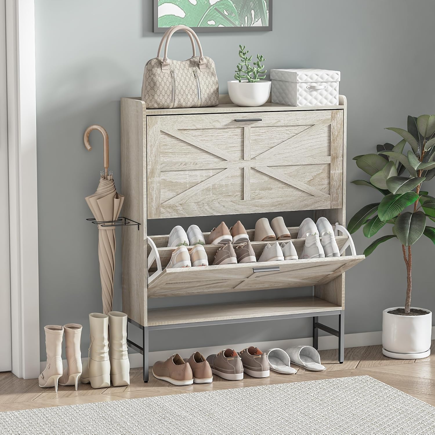 Shoe Cabinet Storage for Entryway Shoe Cabinet with 2 Flip Drawers and 1 Boot Rack Flip Down Shoe Closet Shoe Rack Organizer for Foyer Hallway(Grey)