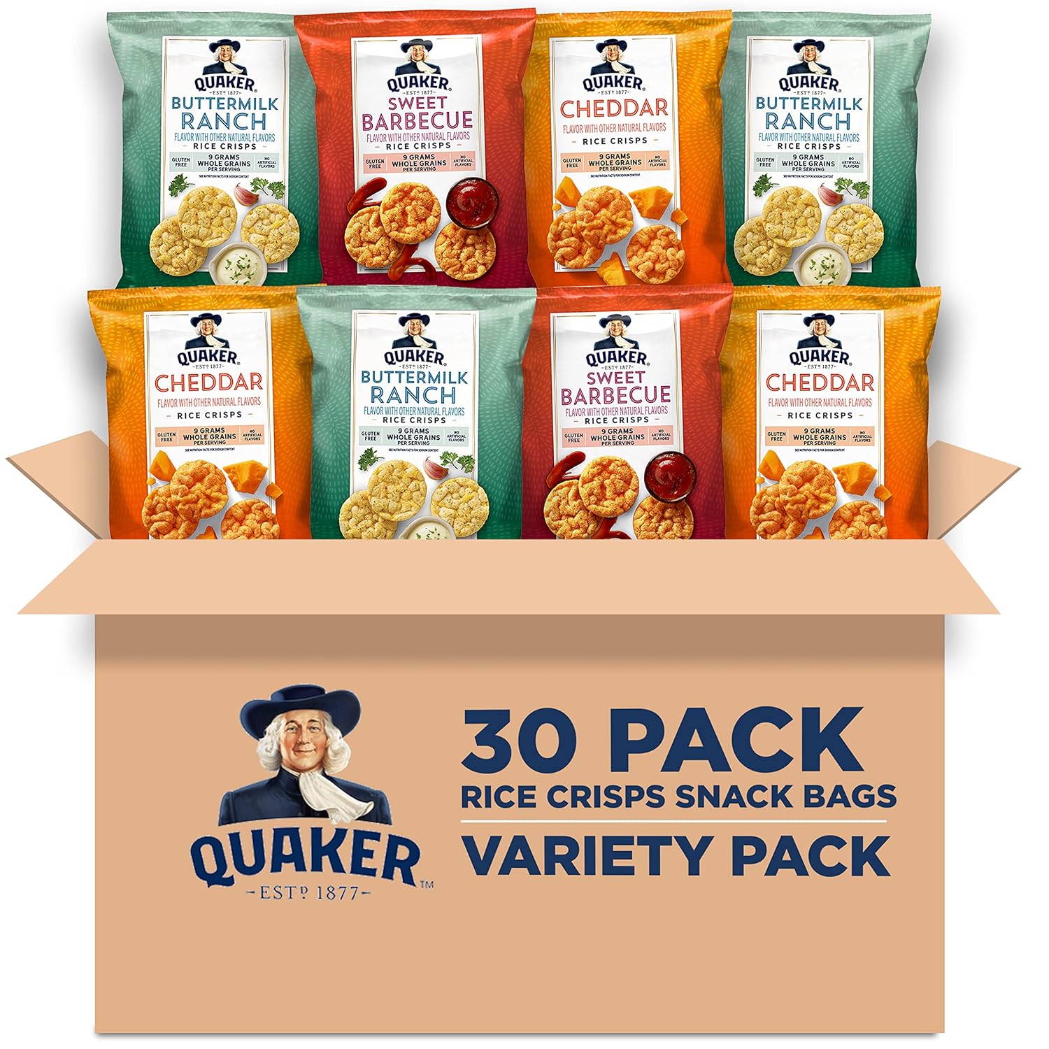 Quaker Rice Crisps, Gluten Free, 3 Flavor, Single Serve, 0.67, Savory Variety Pack, 20.1 Oz,Pack of 30