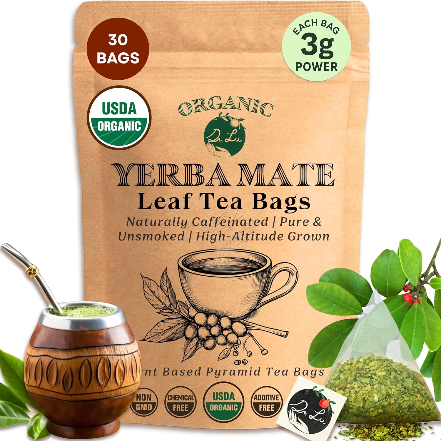 Dr. Lu Organic Yerba Mate Tea (Unsmoked) | High-Altitude Grown in Argentina | Naturally Caffeinated Clean Energy & Focus | 30 x 3g Vitality Brew Corn Fiber Pyramid Tea Bags (No Plastic, No Nylon)