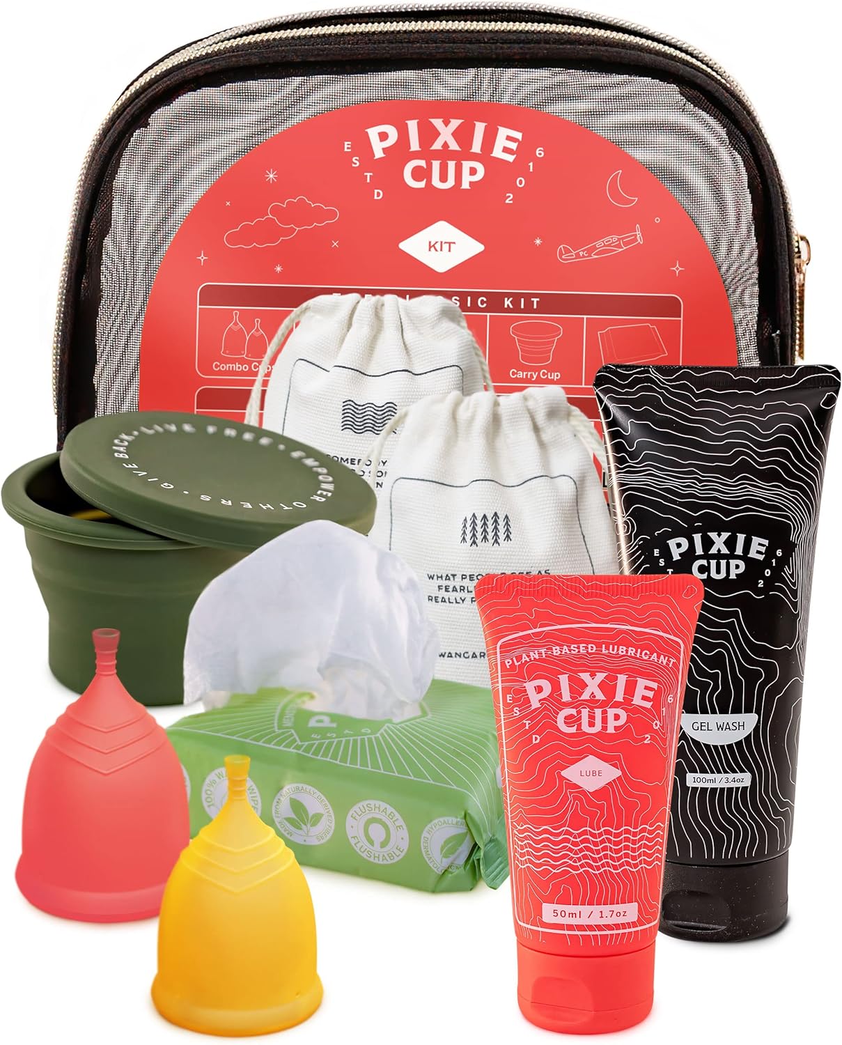 Pixie Cup Menstrual Kit - Best Period Cup Starter Kit - 2 Cups, Wash, 20 Wipes, Lube, Public Restroom Carry Cup & Storage Bag - Proven to Be What You Need to Become A Successful Menstrual Cup User
