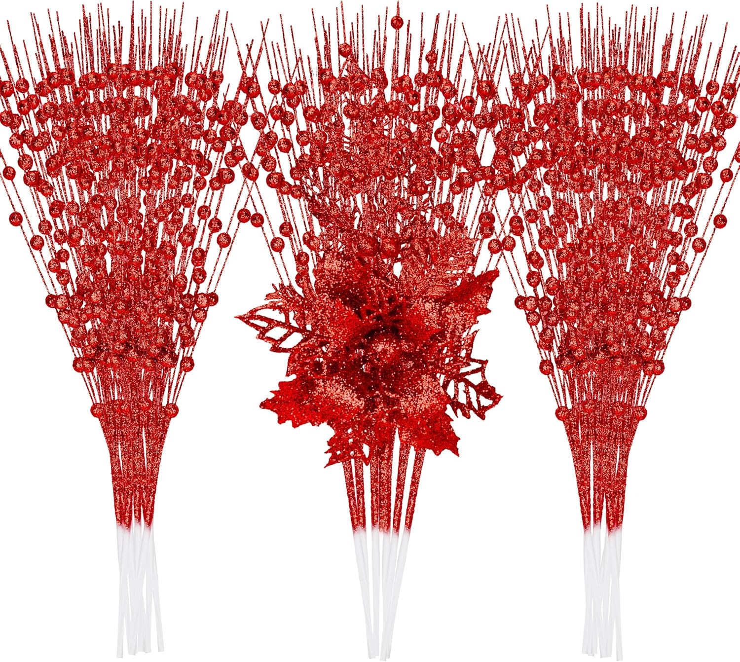 30 Pack Artificial Glitter Berry and Flowers Stem Ornaments, 17" Christmas Picks with Glitter Berry Poinsettia Flowers Fake Floral Branch for Xmas Tree Wreath Decorations Home Decor (Red)