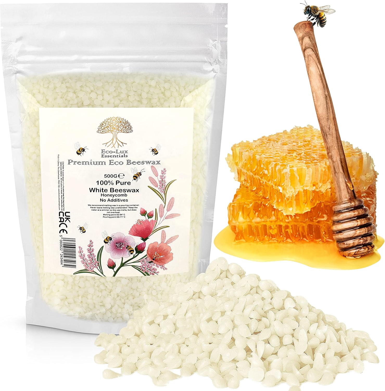 Eco Lux UK 500g Premium Bees Wax White Pellets for Candle Making, Natural Organic Beeswax Cosmetic Grade for Skin, Body, Lip Balm and Soap Making Supplies No additives Harmless and Pure (500g)