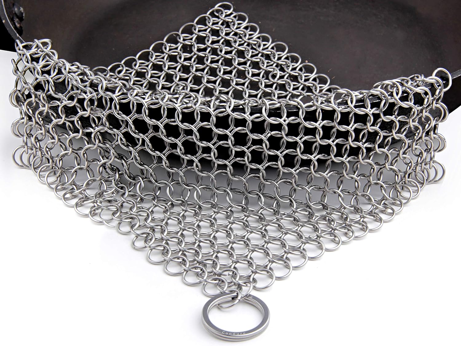 Candure Cast Iron Cleaner Stainless Steel Scourer 7x7 Inch Chainmail Scrubber for All Types of Skillet Griddles, Cast Iron Pans, Grills & Dutch Ovens