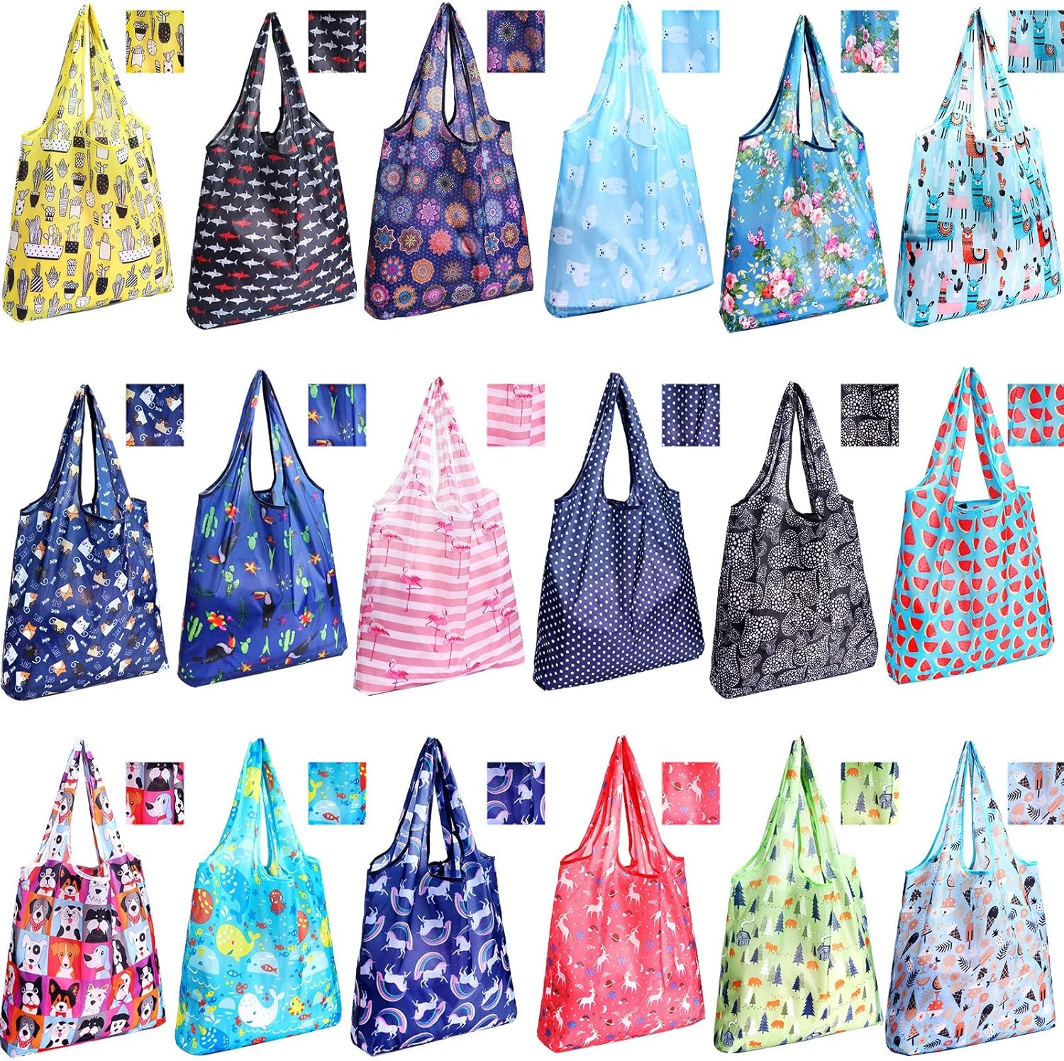 Weewooday 18 Pieces Foldable Reusable Shopping Bags Machine Washable Grocery Bags Waterproof