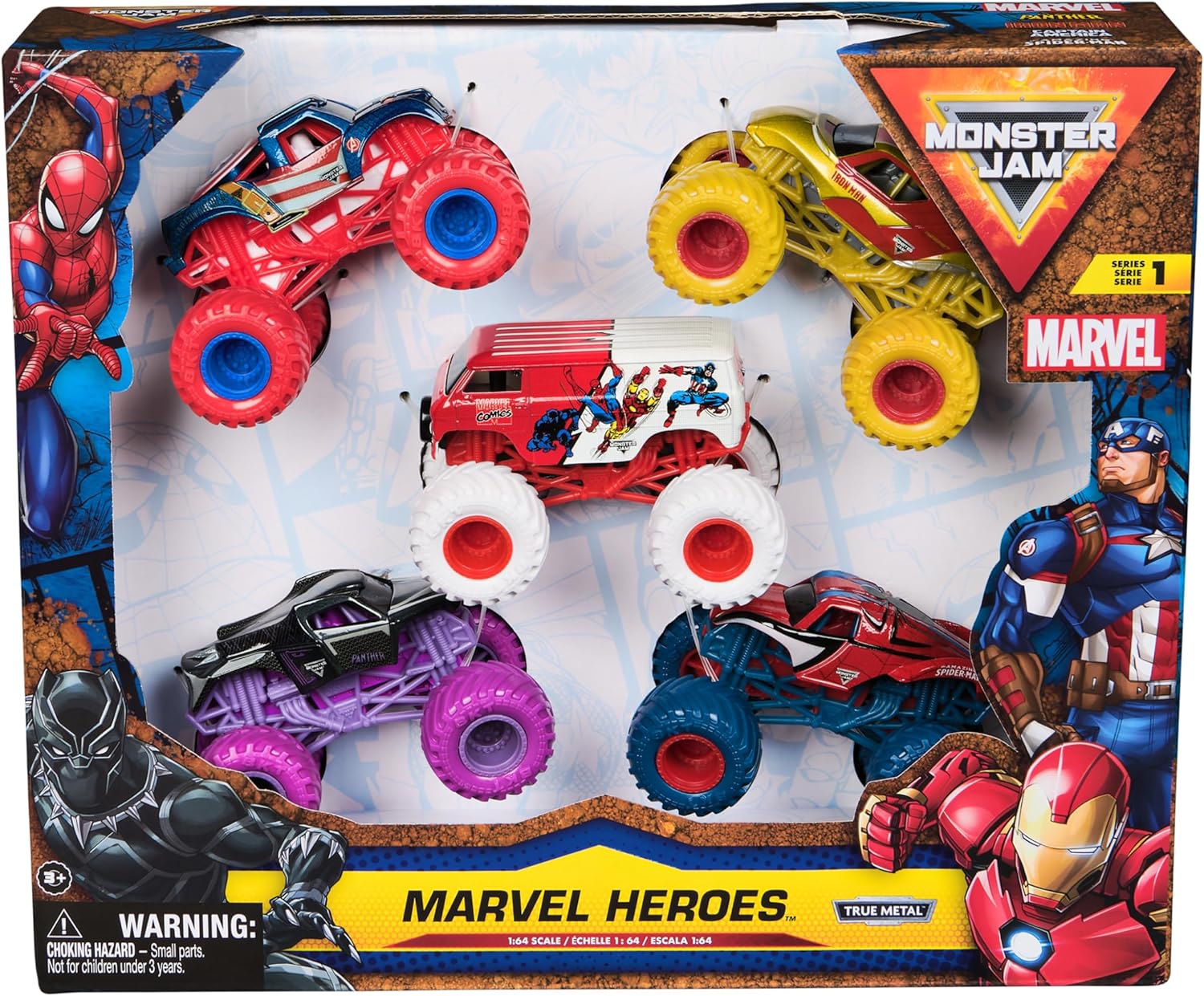 Monster Jam Marvel Heroes 5-Pack, Spider-Man, Black Panther, Iron Man, Captain America | Die-Cast Vehicles Kids’ Toys for Boys and Girls Aged 3 and Up