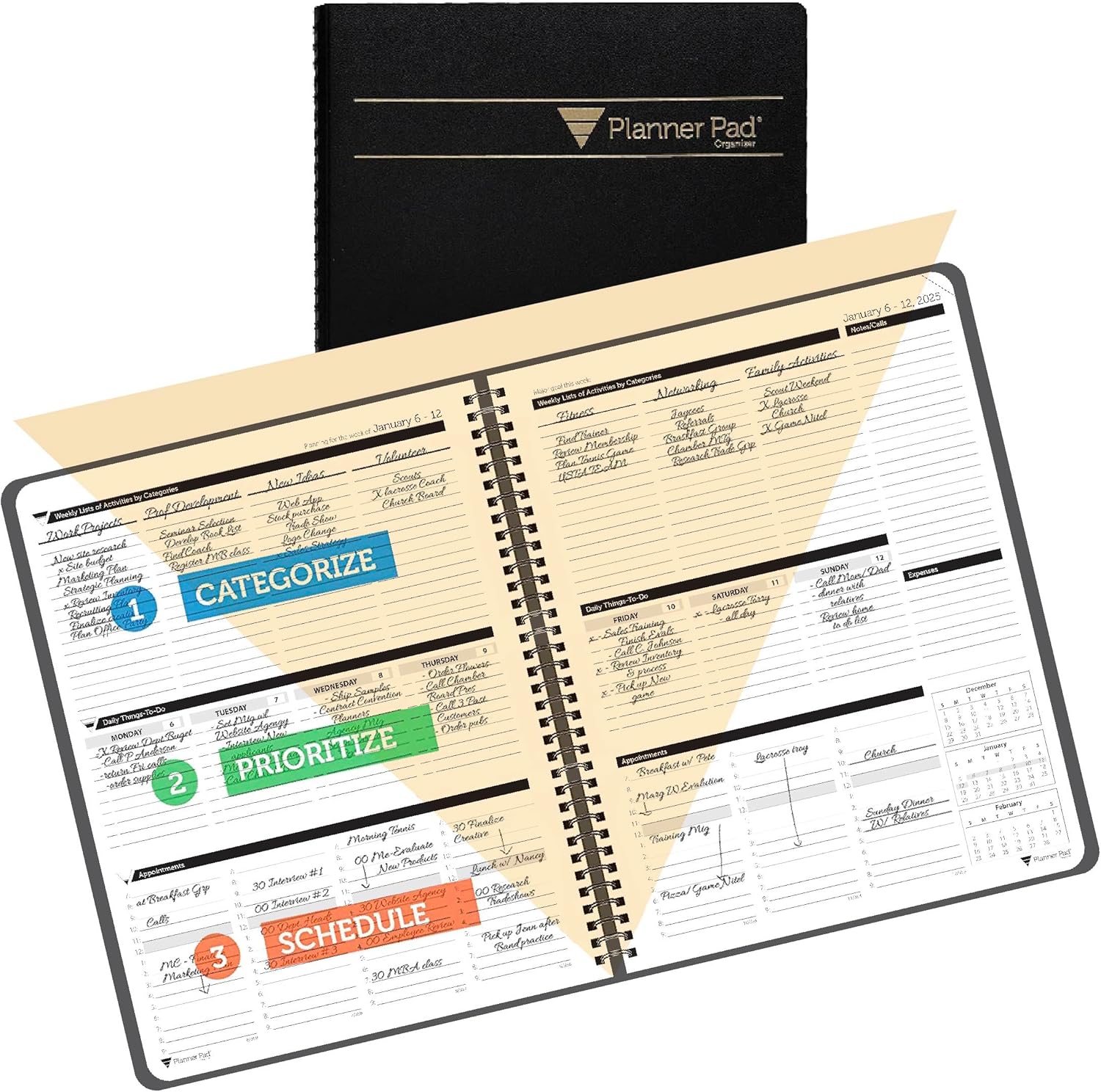 Planner Pad Spiral Bound January-December 2025/ Calendar Year 8 1/2" x 11" Large 3-Tier Funnel Down 12 Month Organizer, Black Cover/Black Ink