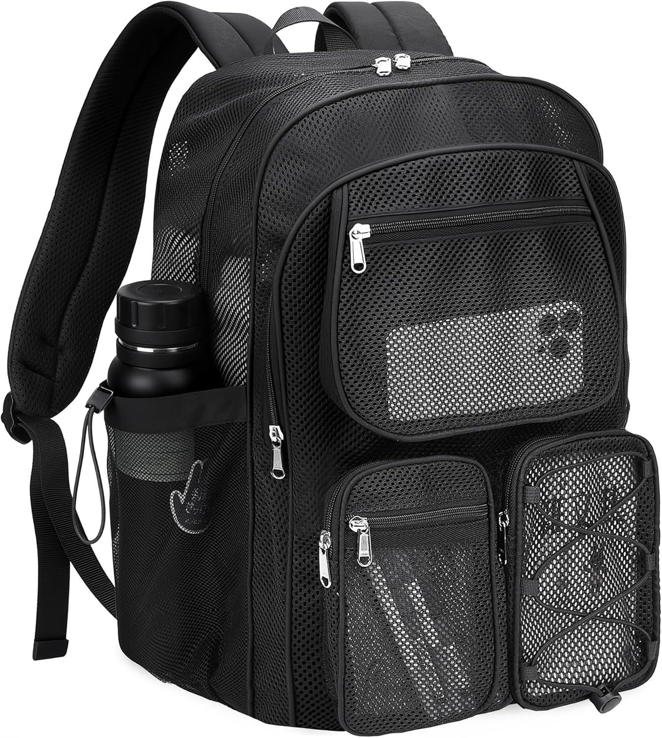 Heavy Duty Mesh Backpack for School Mesh Bookbag See Through for Beach, Travel(Black-L)