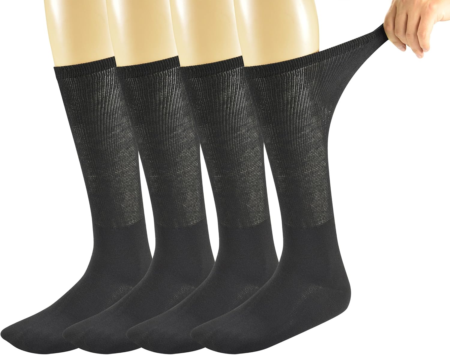 Yomandamor Men's Bamboo Seamless Diabetic Socks Over the Calf Loose Top White Black Socks,4 Pairs