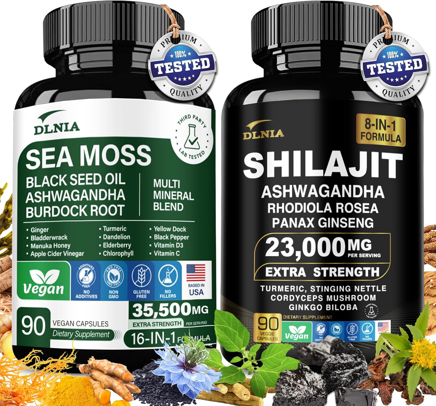 Shilajit 9000mg, Sea Moss 17500mg, Ginger & Black Seed Oil 4000mg, Ashwagandha 5000mg, Rhodiola Rosea, 1000mg Panax Ginseng 1500mg, All in 1 Supplement - Sea Moss & Shilajit Vitality Bundle