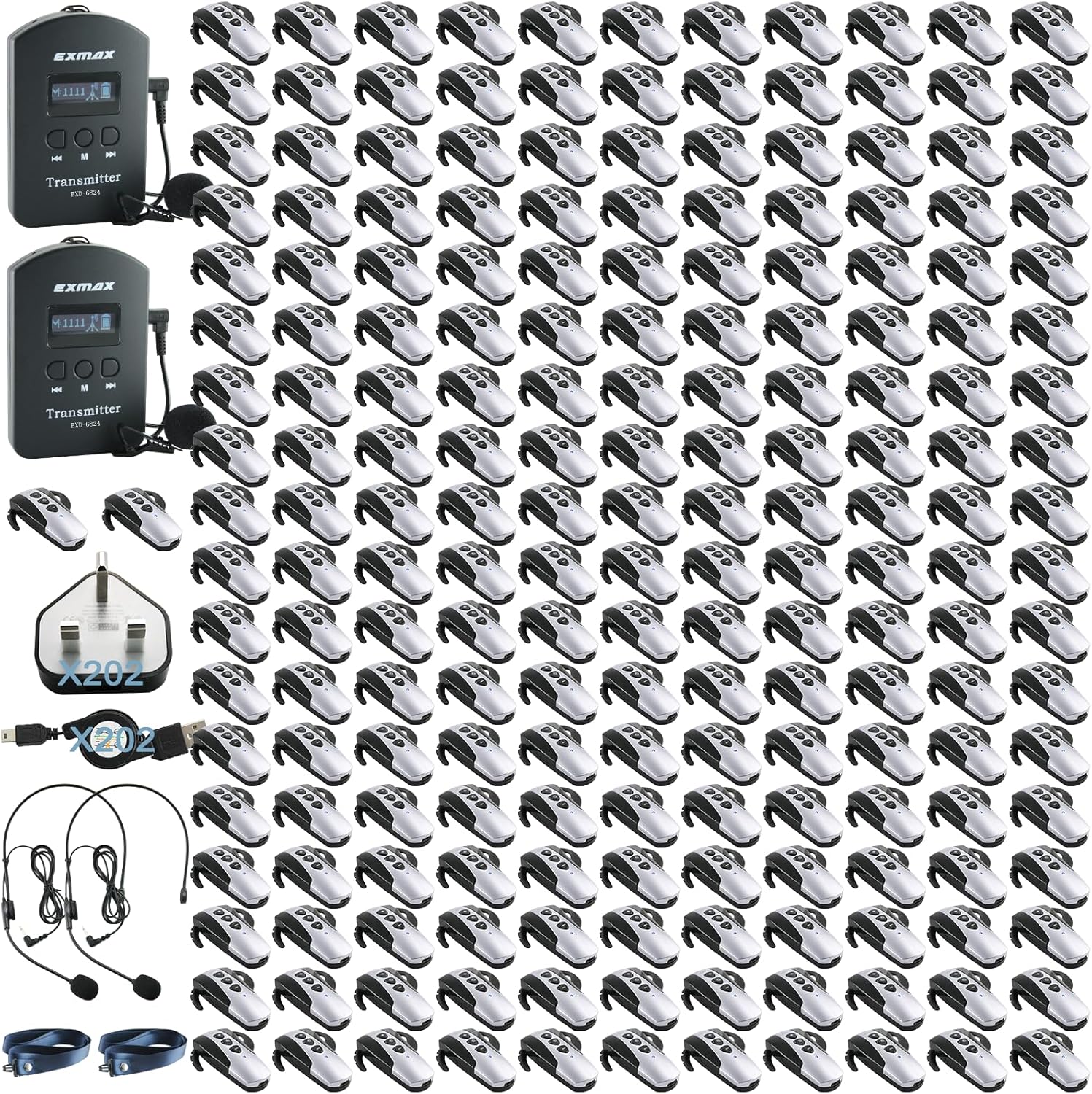 EXMAX EXD-6824 2.4G Wireless Simultaneous Interpreting System Whisper Microphone System with 9999 channels Ideal for Travel Team Interpreter Training Institutes-2 Transmitters & 200 Receivers