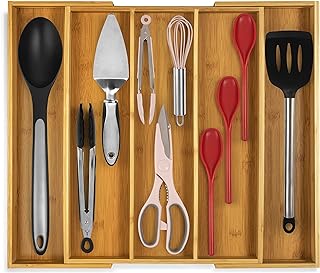 Purawood - Large Premium Bamboo Silverware Organizer - Expandable Kitchen Drawer & Utensil Organizer, 17.5" x 19.75" Cutlery Tray with Drawer Dividers for Kitchen Flatware (3-5 Slots) (Natural)