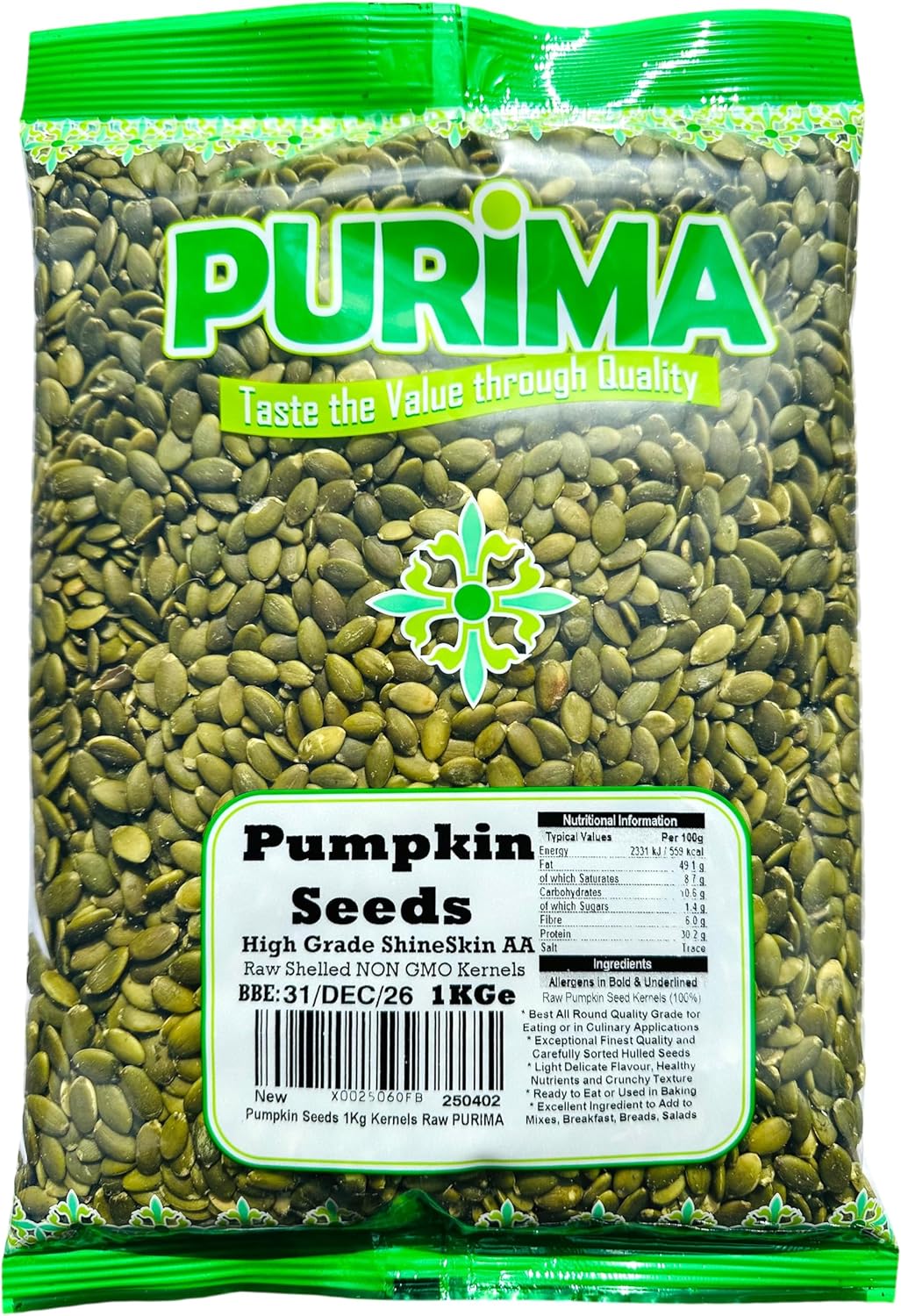 Pumpkin Seeds 1kg - SS AA Raw High Grade Seed - Ready to Eat Edible – For Human Consumption Without No Shell Whole Kernel UnRoasted UnSalted Shelled Large Bulk (Packaging May Vary) PURIMA