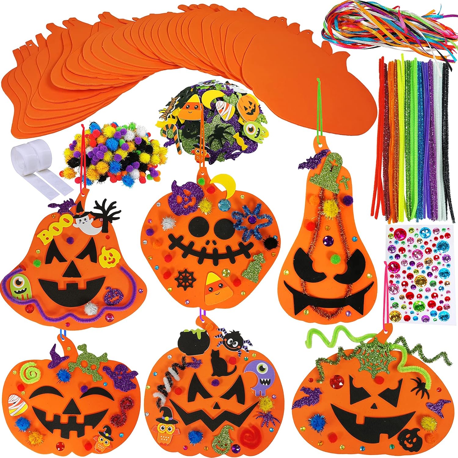Winlyn 30 Set Foam Halloween Pumpkin Decorations DIY Craft Kit - Assorted Foam Pumpkin Squash Gourd Shapes with Jack-O'-Lantern Face Stickers for Kids - Fall Thanksgiving Halloween Decoration