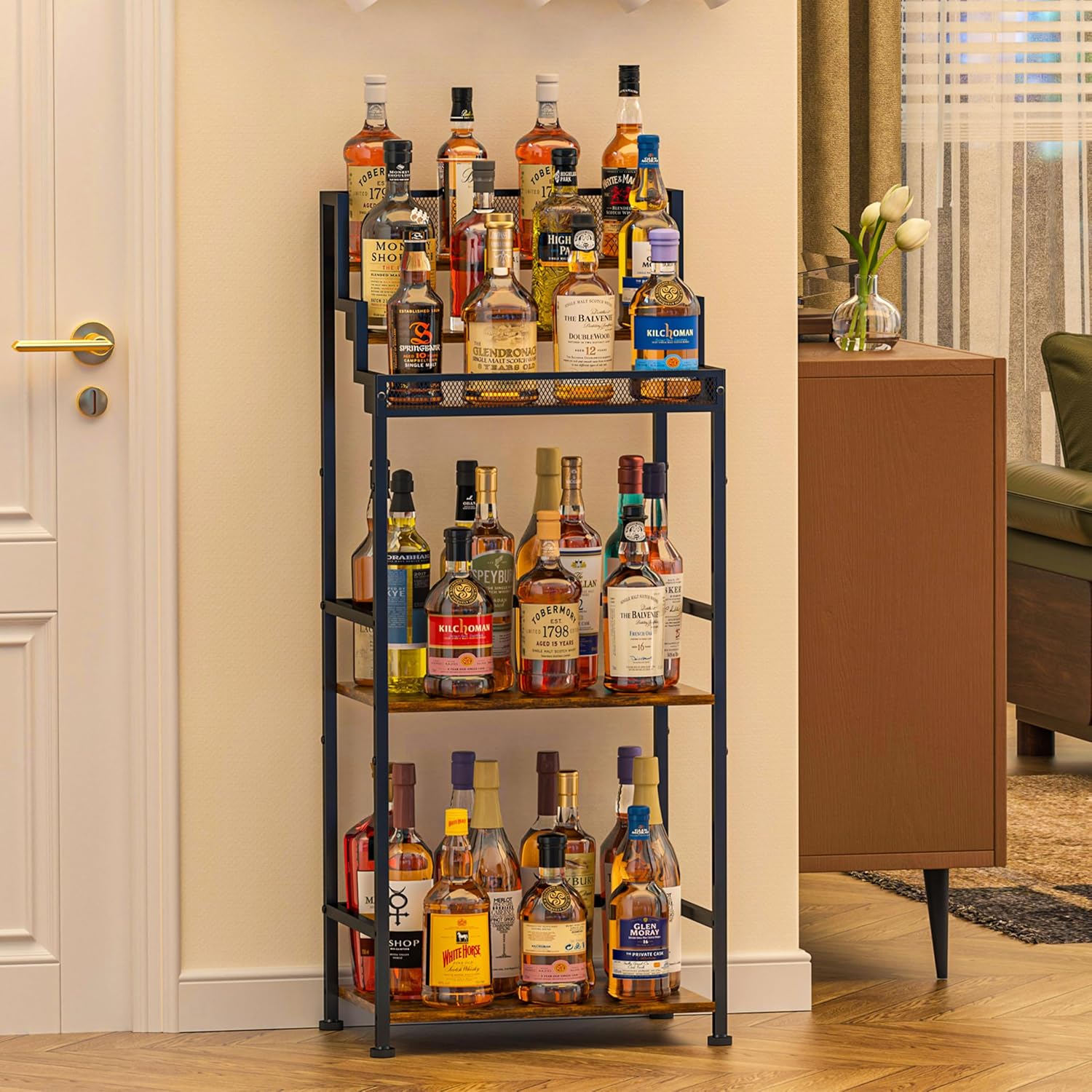 Trapezoidal Liquor Cabinet Bar for Home, Stepped Wine Rack Freestanding Floor, Corner Syrup & Whiskey Stand, Large-Capacity Alcohol Bottle Storage Display Shelf Living Room, Patent Pending