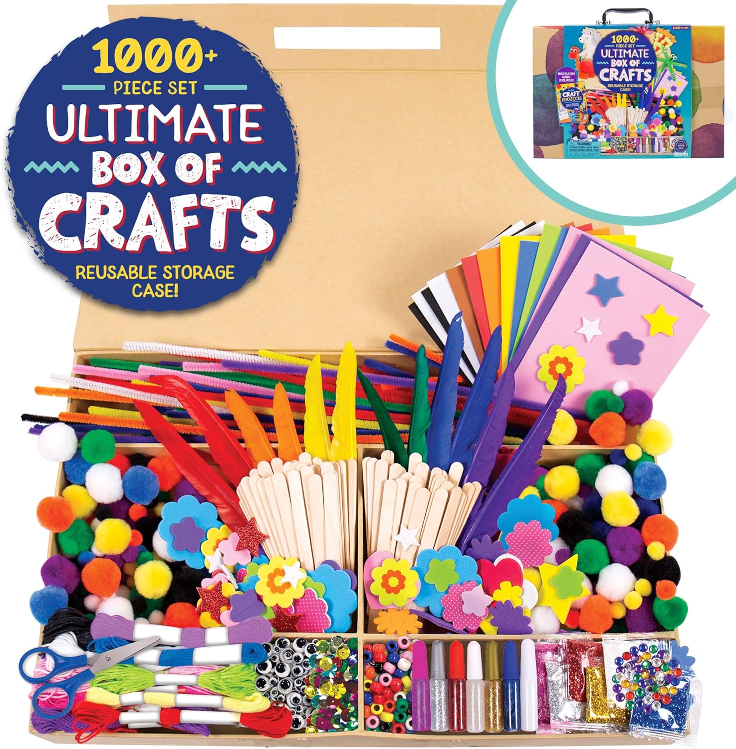 Horizon Group USA 1000+ Pieces Ultimate Box OF Crafts, Includes Foam Sheets,Stickers,Feathers,Glitter Glue, Pipe Cleaners,Wood Sticks,Pom Poms,Gemstones,Friendship Thread,Beads,Sequins,Scissors & More