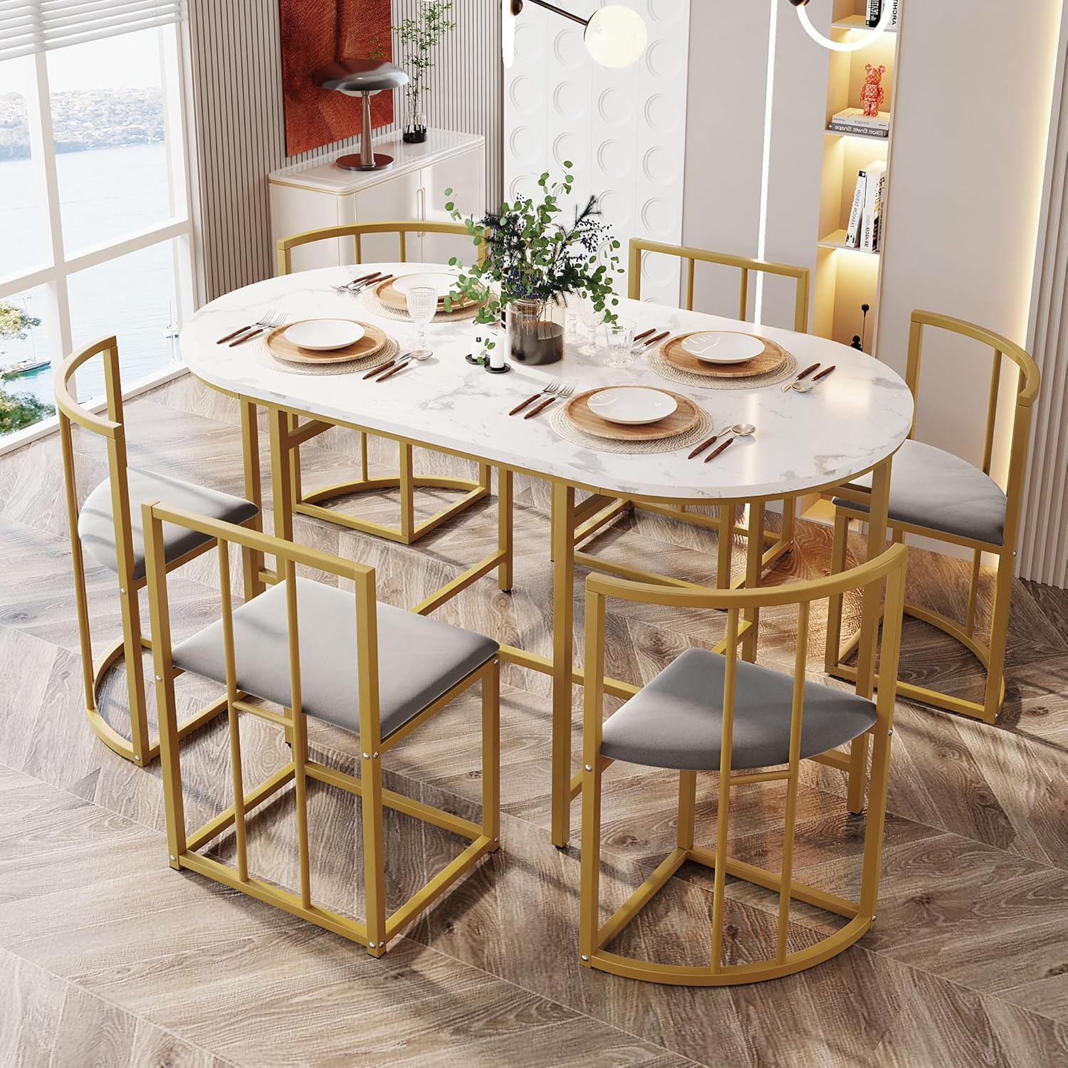 Oyemige Dining Table and Chairs Set 6, Dining Room Table, Modern Dining Table Combination, Chairs with Backrests and Gray Cushions, Chairs can be stored under the table, 140x80x76 cm (Gold)