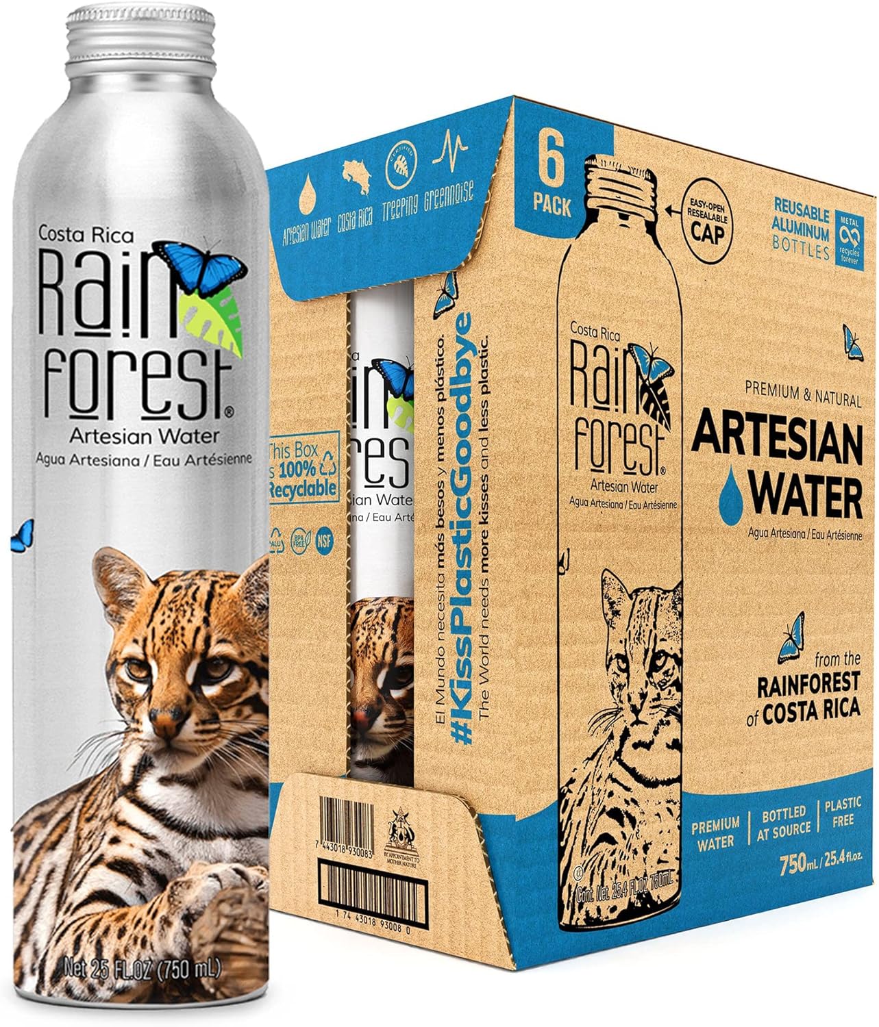 RainForest Artesian Water from Costa Rica. Aluminium Reusable Bottle 25.4fl.oz/750 mL. (6 Pack)