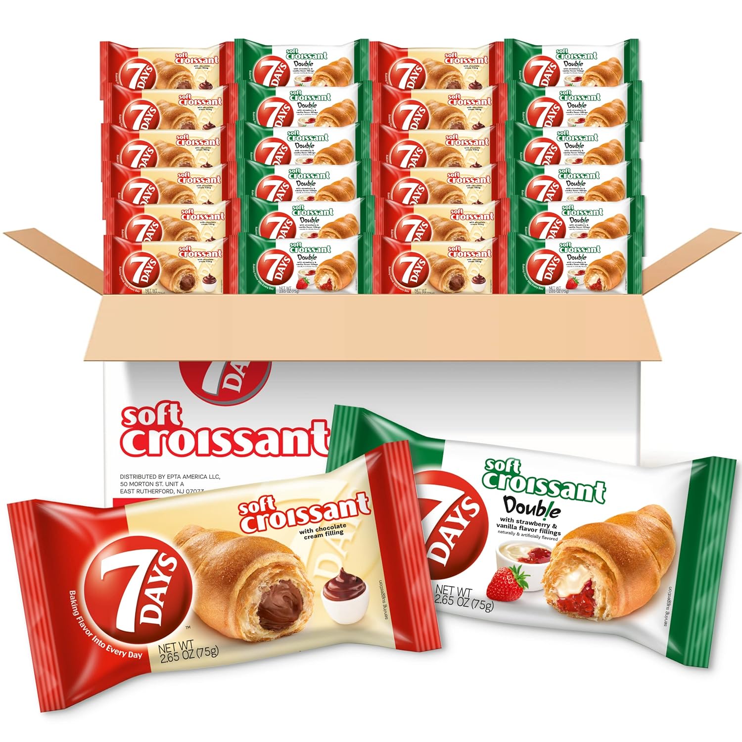 7Days Soft Croissant Variety Pack (24 Count), 12 Chocolate, 12 Strawberry Vanilla, Breakfast Pastry, Individually Wrapped On The Go Snack (Pack of 24)