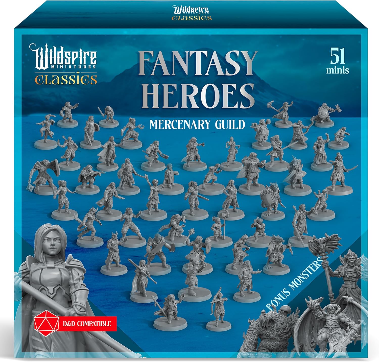 Wildspire Classic Heroes - Mercenary Guild - 51 Paintable Characters for DND Miniatures Bulk I 28mm Dungeons Dragons D&D Miniatures I DND Minis D&D Figures Dragons Figures Pathfinder Compatible