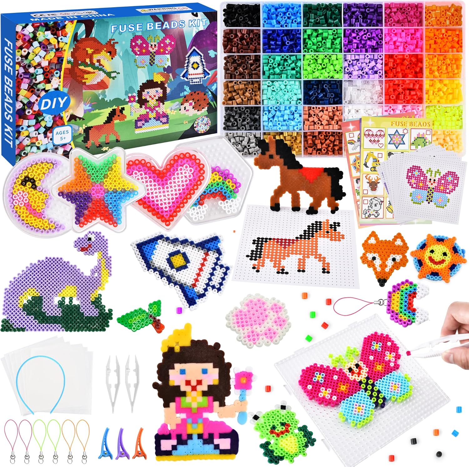 10000pcs Fuse Beads Craft Kit, 36 Colours 5mm Fuse Beads with 104 Pattern Sheets Arts and Crafts for Kids, Comes with Tweezers, Pegboards, Ironing Papers, Iron Bead Art Craft Kits for Kids