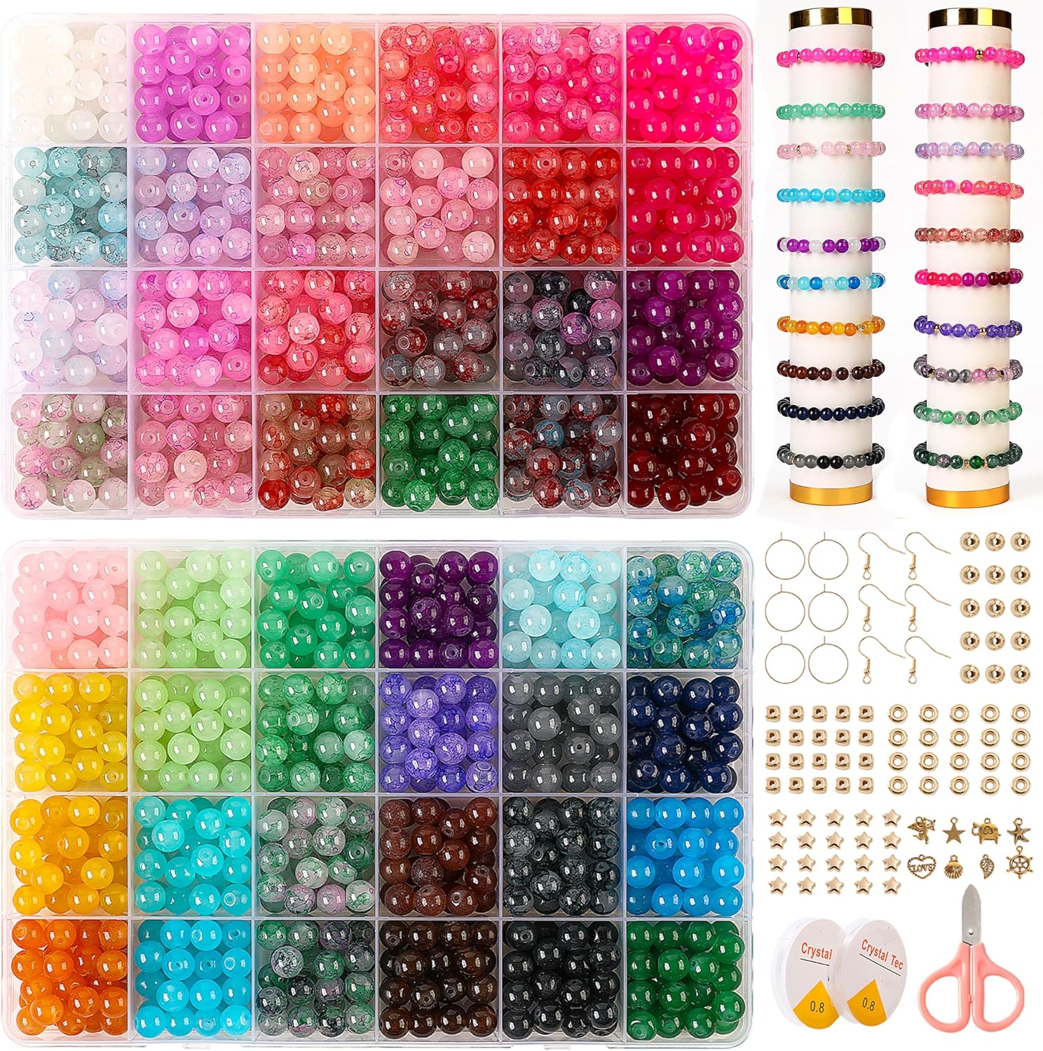 Glass Beads for Jewelry Making, 1300pcs + 8mm 48 Colors Round Crystal Glass Beads Bracelet Making Kit, Bead Starter Kit for Birthday Holiday Gifts