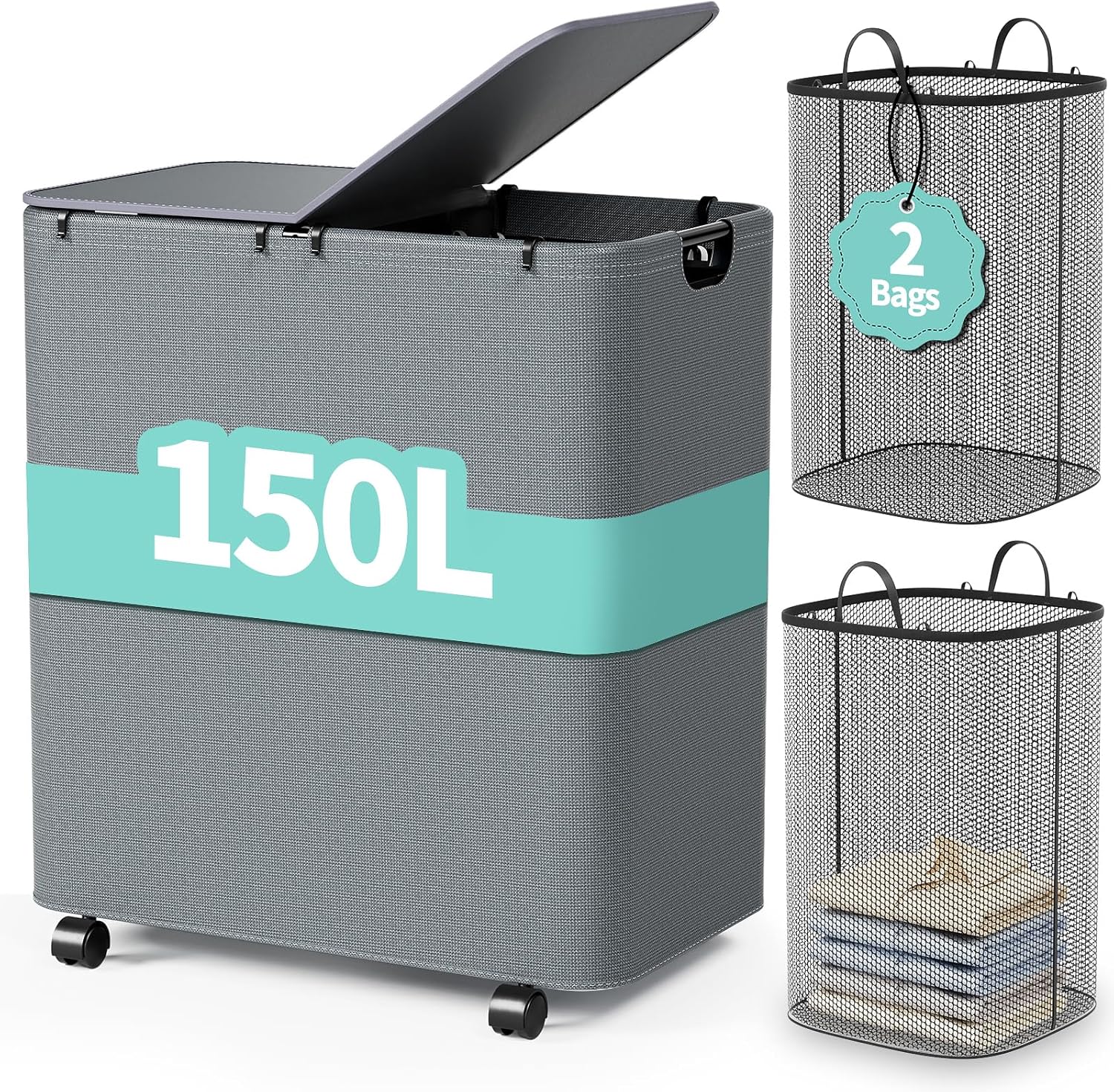 Yecaye 150L Laundry Hamper with Wheels, Rolling Laundry Basket with Lid and 2 Removable Laundry Bag, Large Capacity Clothes Hampers for Laundry, Bedroom, Bathroom, Dorm, Laundry Room, Grey