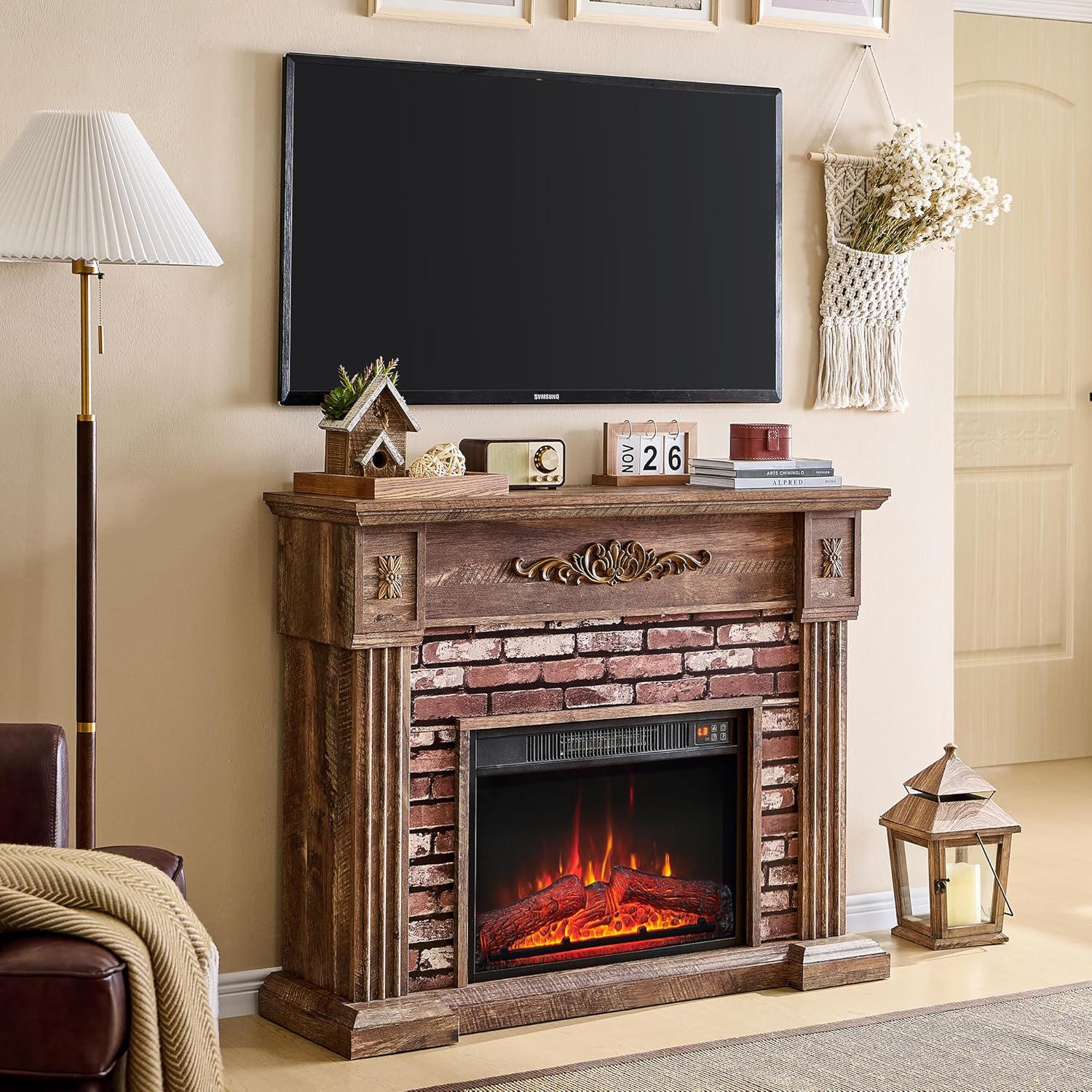 43" Electric Fireplace with Mantel, Electric Fireplace Heater, TV Stand w/Freestanding Electric Fireplaces, Stacked Stone Surround, Remote Control, Adjustable Flame Level for Living Room (Light Brown)