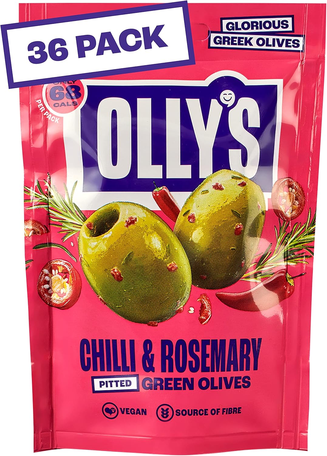 Olly's Olives, Chilli & Rosemary, 50g (Pack of 36), 100% Natural Ingredients, Handy Snack Pouches, Healthy Vegan Snacks, Low Calorie, Source of Fibre, No Preservatives, Gluten Free