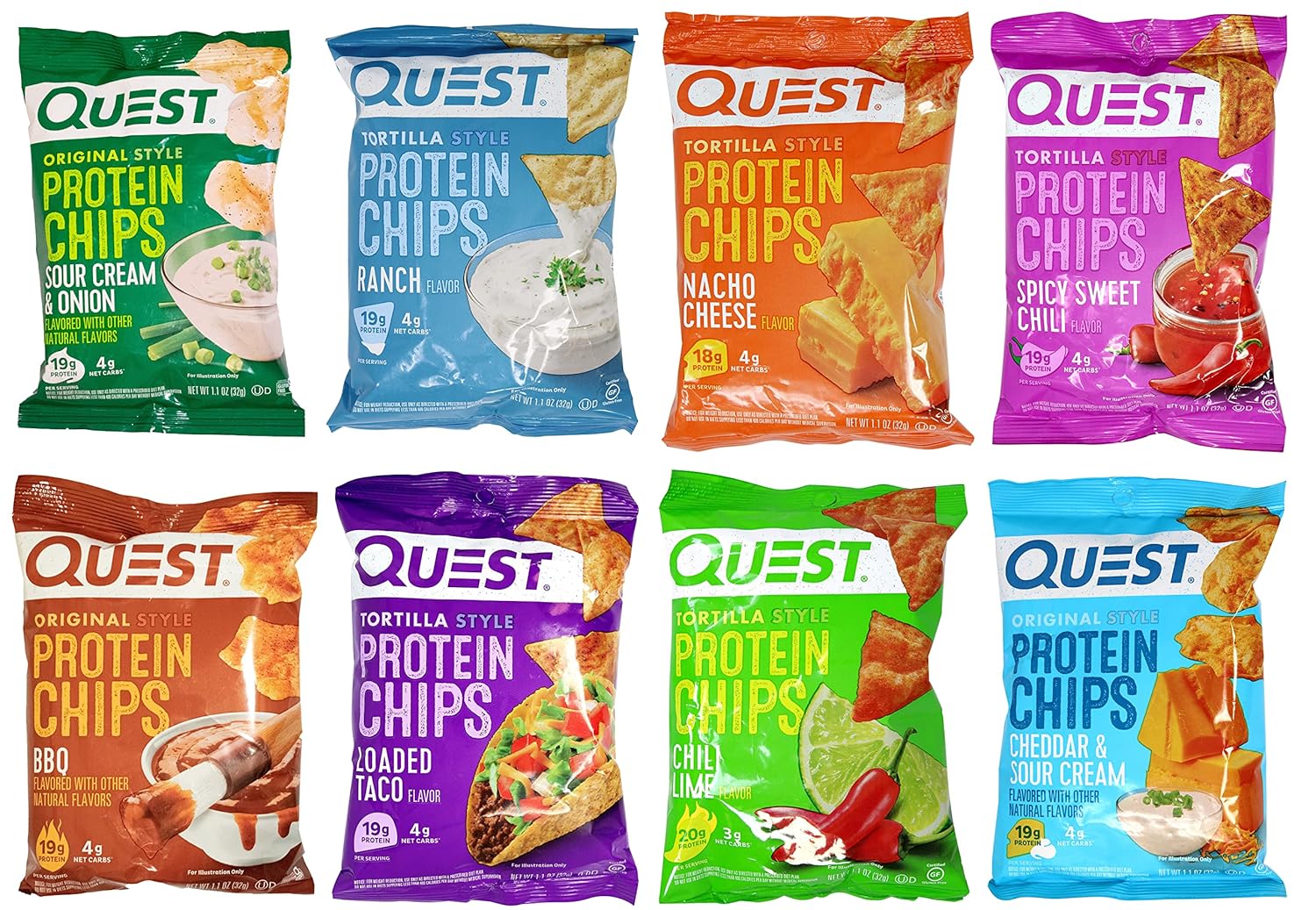 Niro Assortment | Quest Tortilla Style Protein Chips - 8 Flavors - Cheddar & Sour Cream, Spicy Sweet Chili, Ranch, Loaded Taco, Chili Lime, Bbq, Sour Cream And Onion And Nacho Cheese | 8 Pack