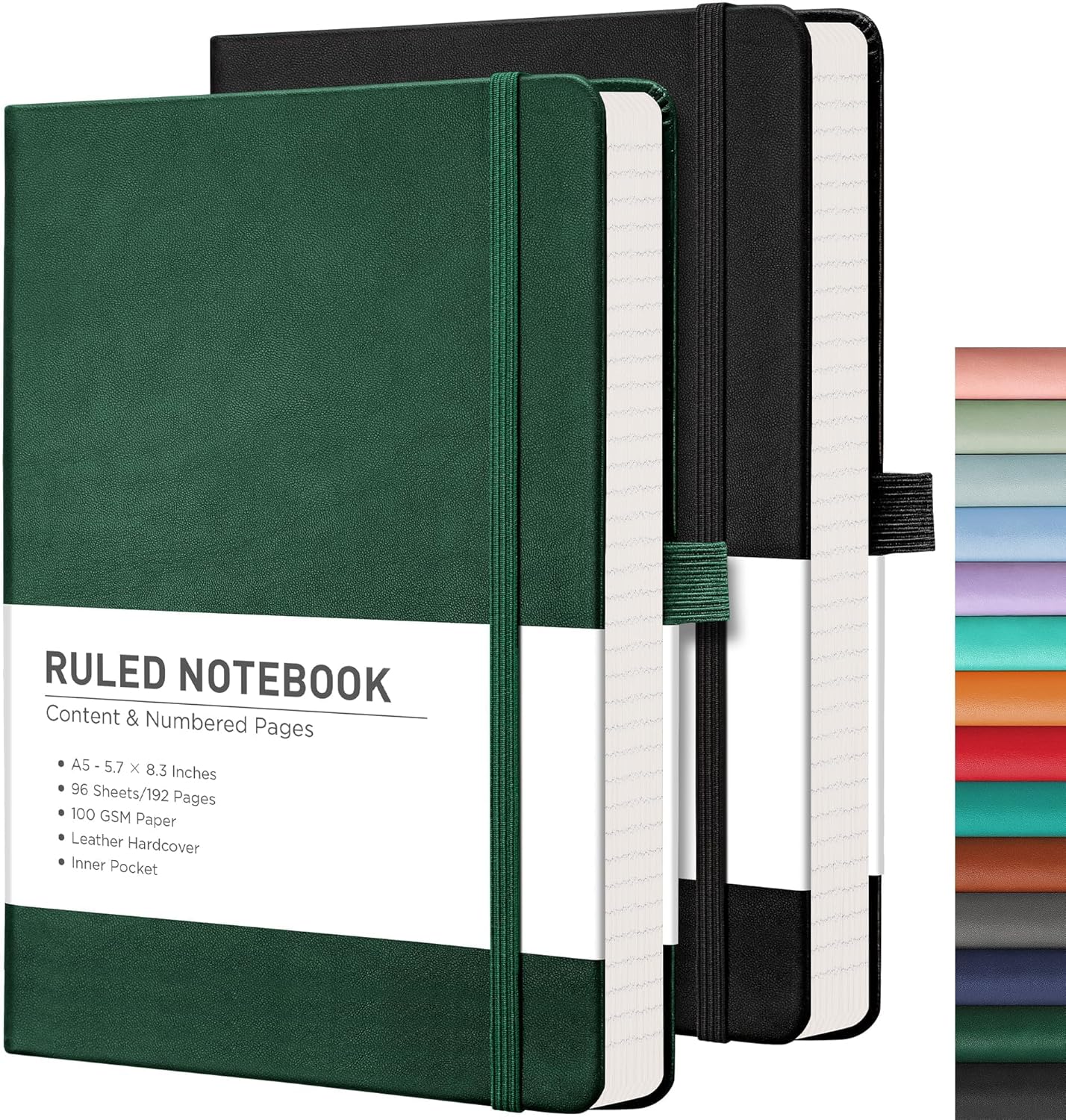 RETTACY Notebook A5 Lined Hardback 2 Pack - Thick Journal with 376 Numbered Paper,2 Free Sticky Notes Divider,100gsm Paper,8 Perforated Sheets, Pen Loop, Inner Pocket, 14.5 x 21cm (Black Green)