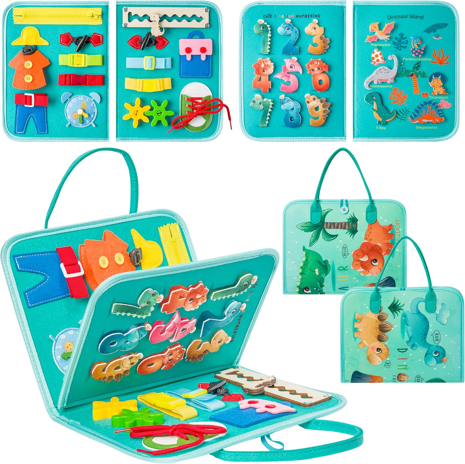 WATINC Toddlers Busy Board Montessori - Dinosaur Felt Busy Book Sensory Travel Activities Toys, Preschool Learning Fine Motor Skills Educational Toy for Plane Car Trip Boy Girl Ages 1-3 Birthday Gift