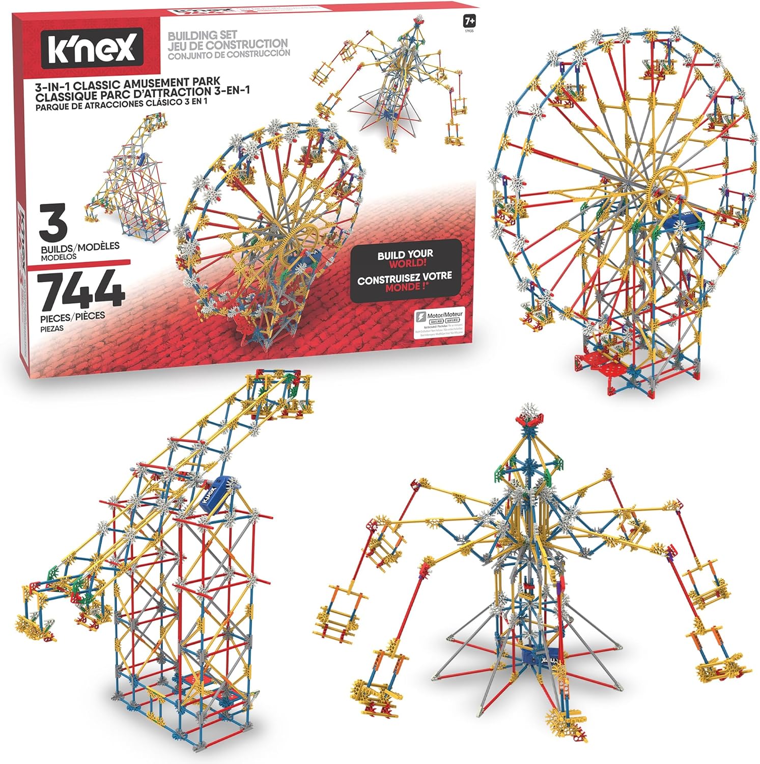 K'NEX - 3-in-1 Classic Amusement Park Building Set - 744 Pieces, Motorized, Kid Construction Set‚ Ages 9+