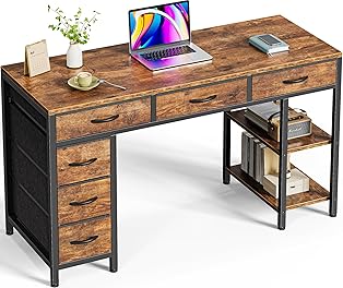 Computer Desk with 6 Drawers, 47 Inch Office Desk with Shelves, Reversible Gaming Desk, Corner Desk with Storage, Work Desk for Home Office, Study, Living Room, Rustic Brown